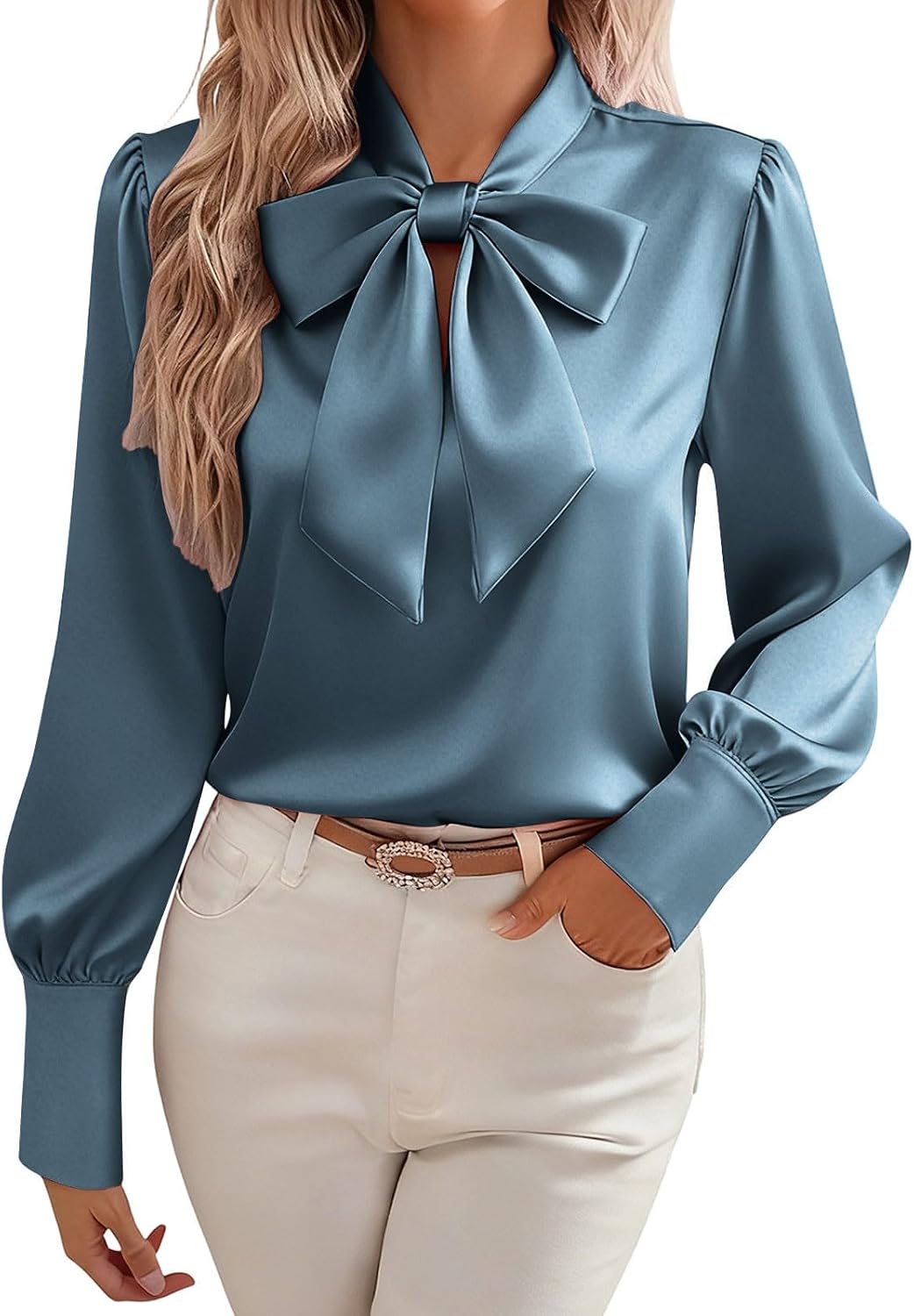 Women's Loose Fit Satin Shirt - Long Sleeve V-Neck Blouse, Relaxed Silky Slip-On Top for Comfort Lounge, Travel Wear
