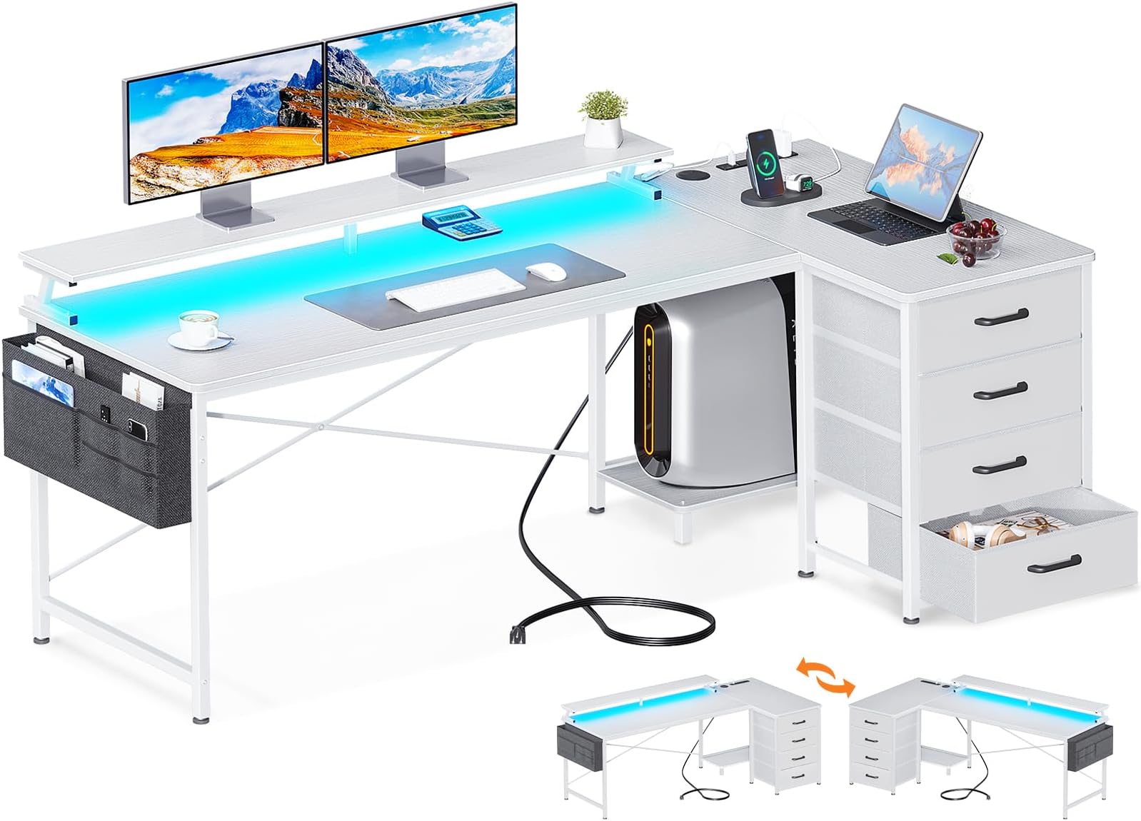 ODK 63-Inch Reversible L-Shaped Computer Desk with 4 Drawers, Gaming Desk with LED Lights & USB Power Outlets, White