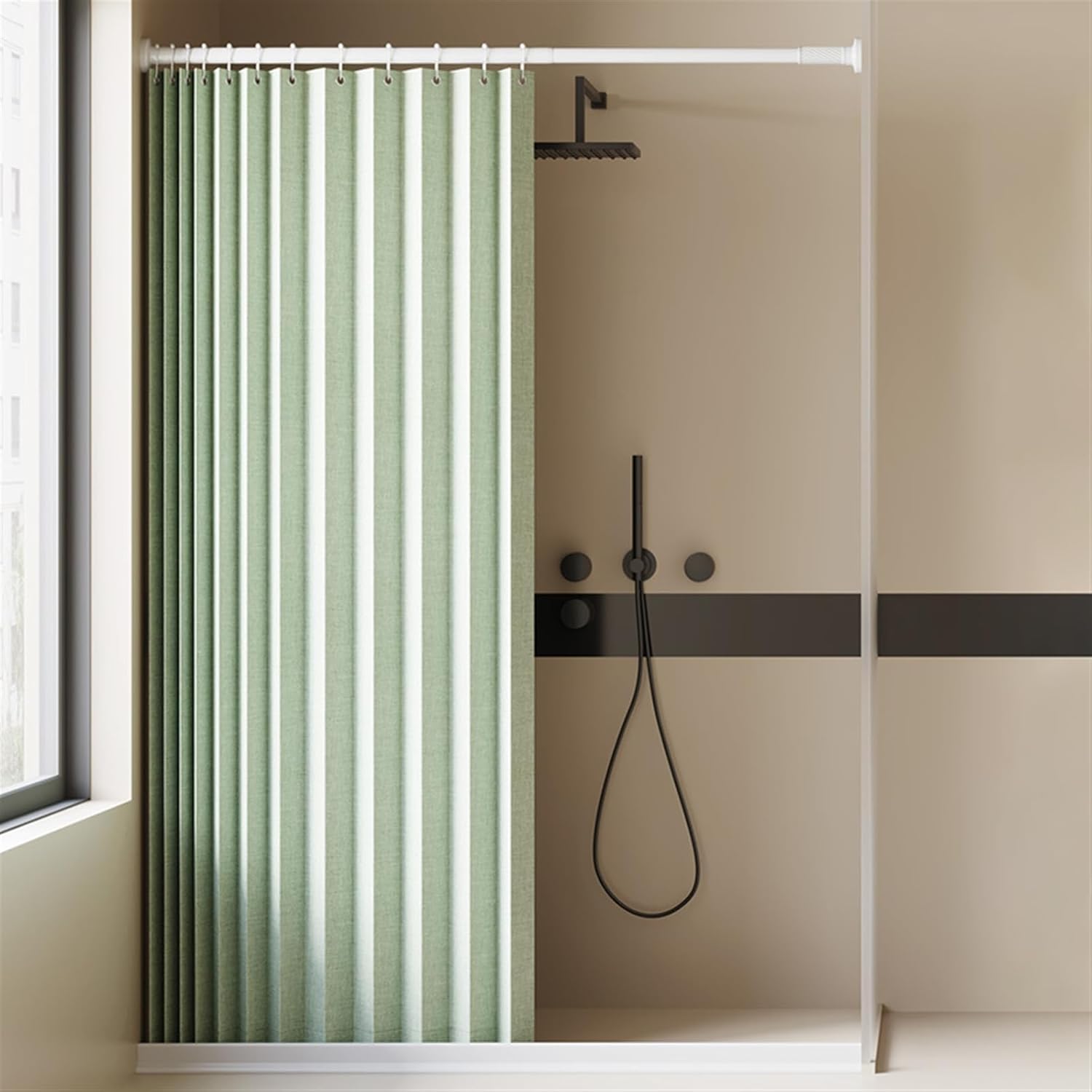 Folding Magnetic Waterproof Shower Curtain with Hooks, Heavy Duty Shower Curtain for Bathroom, Light Green, 51" x 79"