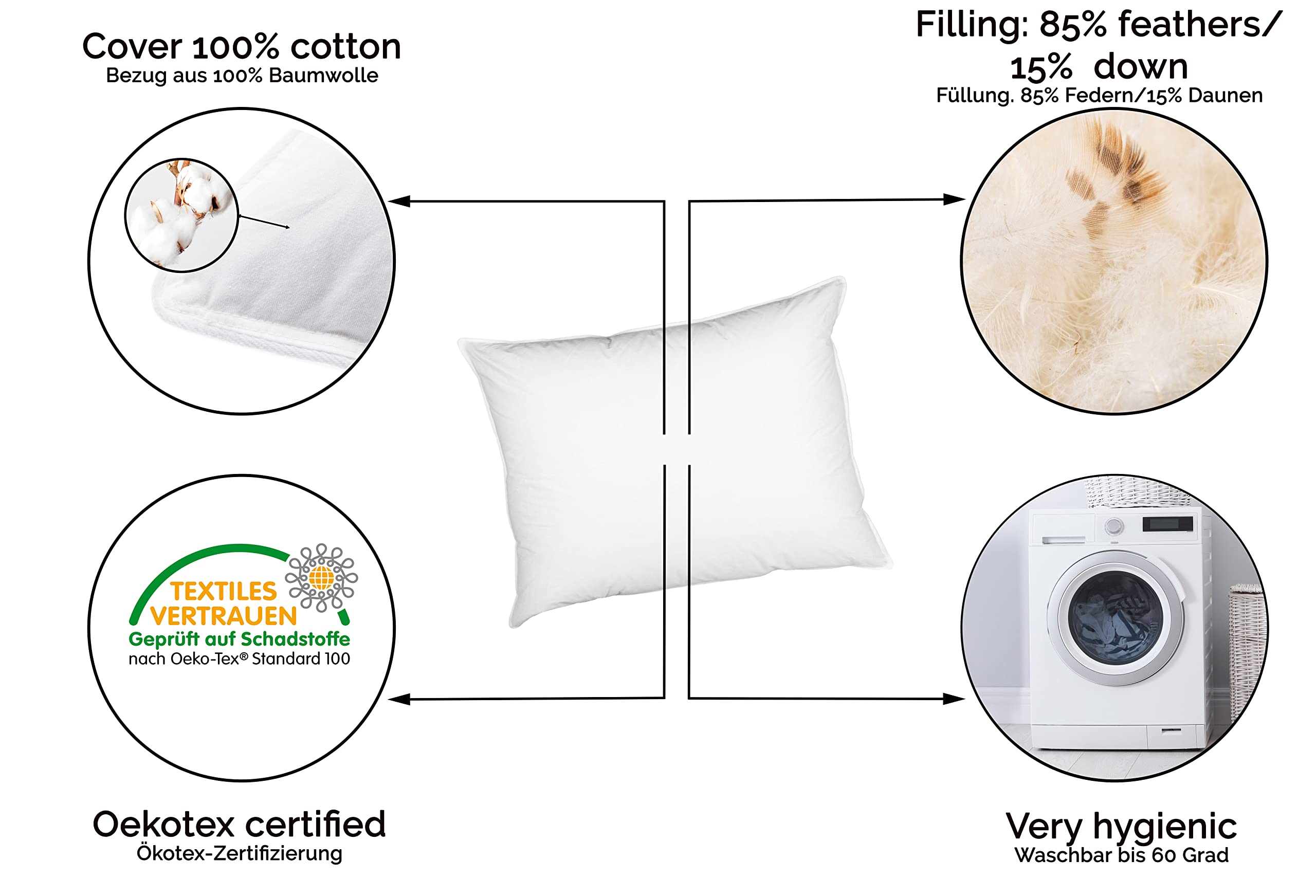 ZOLLNER Hoofdkussen van 85% veren en 15% dons - Made in Germany - geschikt voor mensen met een allergie - overtrek van hoogwaardig katoen - wasbaar tot 60°C - 60x80 cm - hotelkwaliteit