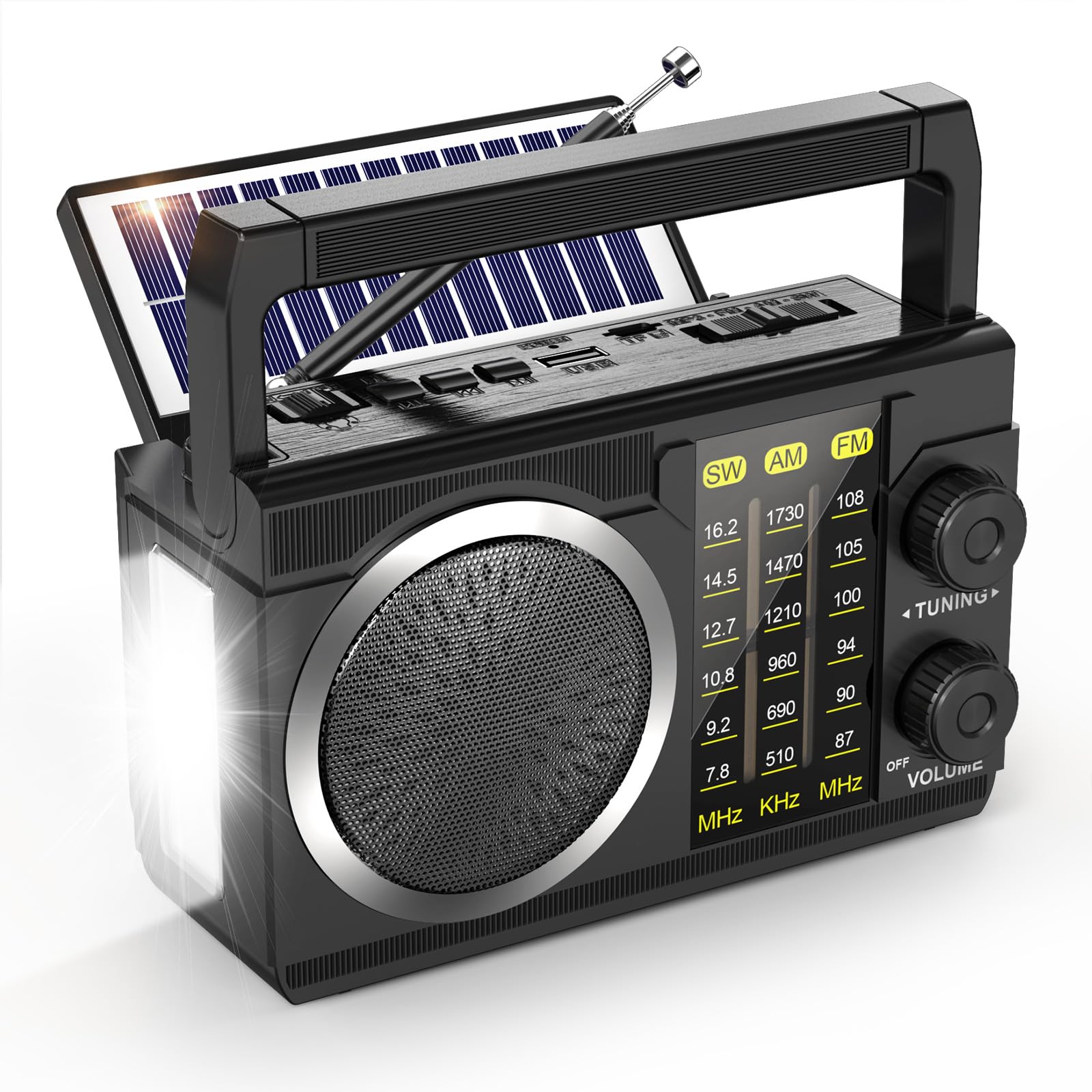 PRUNUS J-135 Radio Portatil Pequeña FM/Am/SW, Radio Solar y Recargable de 1800mAh, o Funciona con 4 Pilas AA, Transistor Radios con Bluetooth 6.0, Reproductor USB/TF, Fácil de Usar.