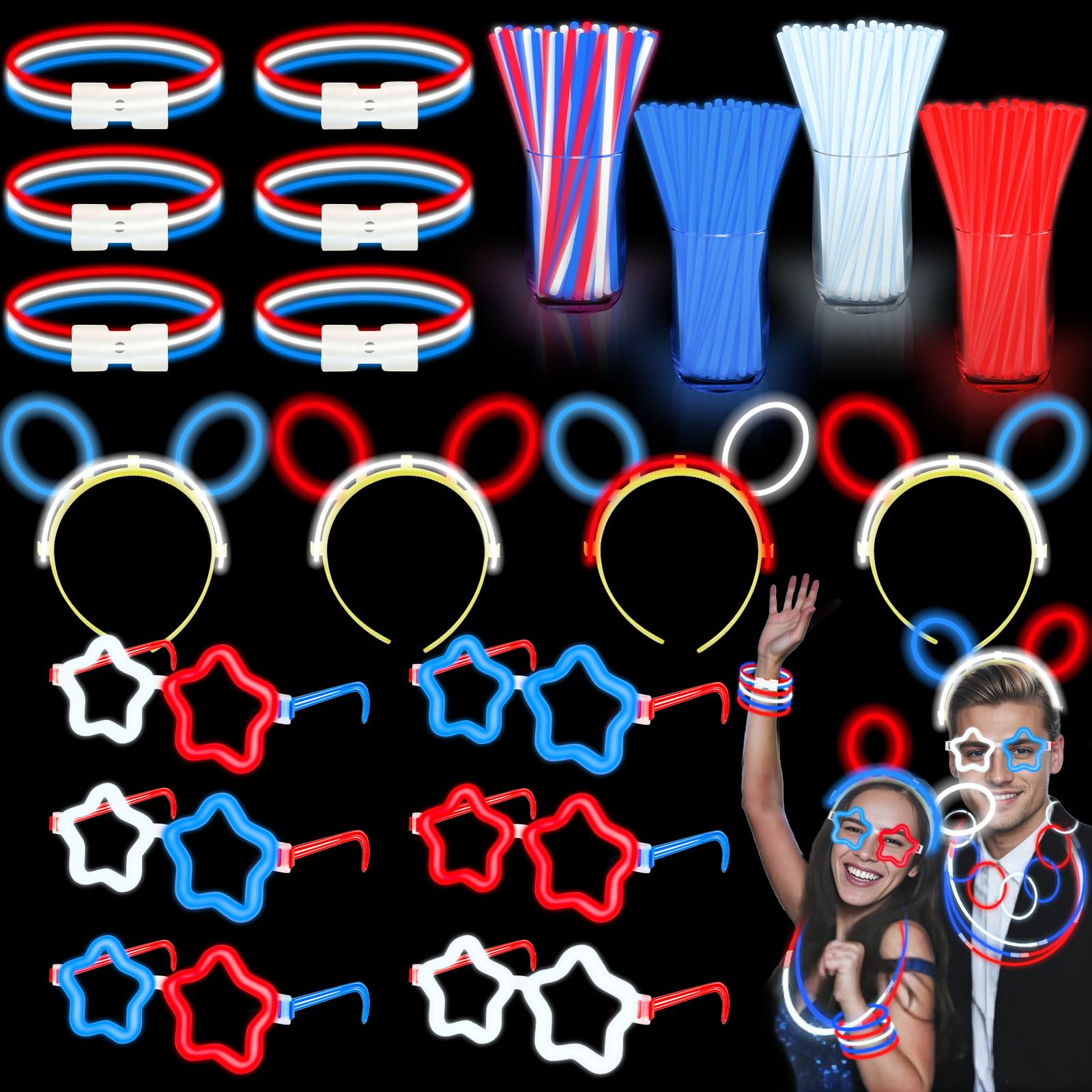 180 Pcs 4th of July Light Up Party Favors,12 Red White Blue Star Glasses 6 Headbands 12 Bracelets 150 Patriotic Glow Sticks Bulk with Connectors Glow