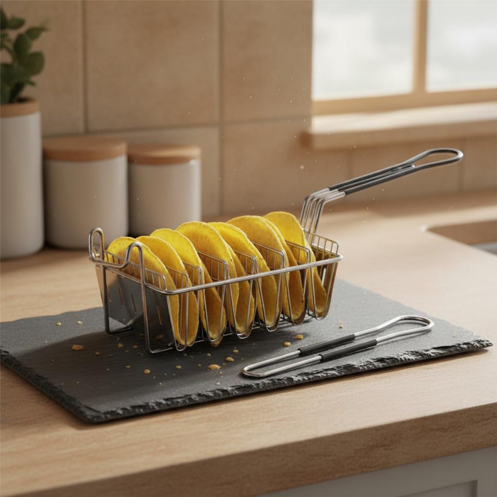 Cesta Freidora para Tacos Acero Inoxidable Cesta para Freír Tacos Cocción Eficiente Freidora de Tortillas de Taco para Cocineros, Desmontable 6-Grid V
