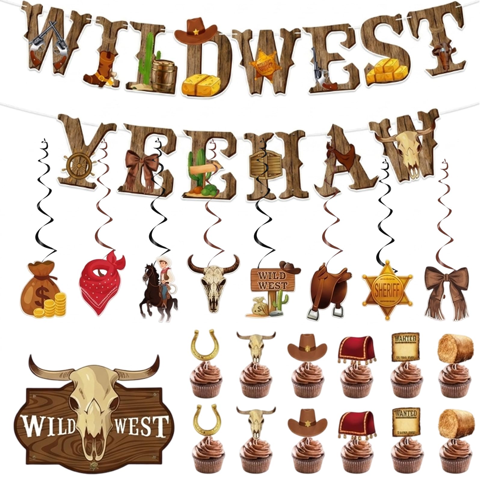 Cowboy Party Decorations, Cowboy Decorations 1 Banner with 8 Hanging Swirls and 13 Insert Cards, Country and Western Cowboy Themed Party Decorations