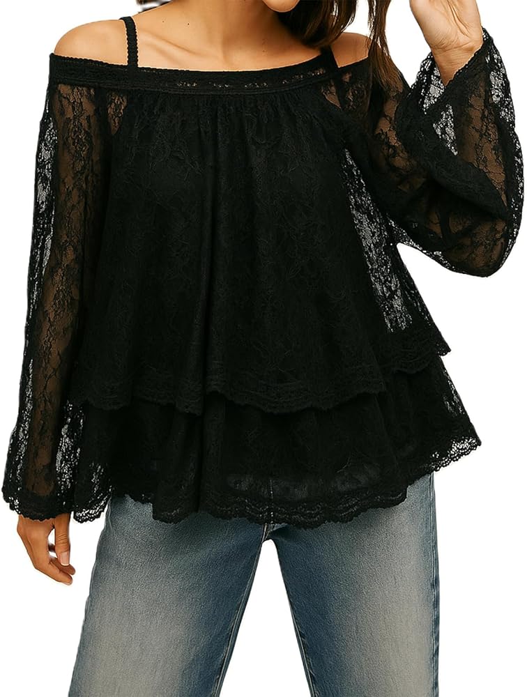 Women Sheer Lace Off The Shoulder Tops Lantern Long Sleeve Tiered