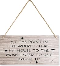 Wooden Wall Sign At The Point In Life Where I Clean To Music I Used To Get Board Hanging Wood Sign, House Wood Sign For Garden Yard Home Farmhouse 5x10inch