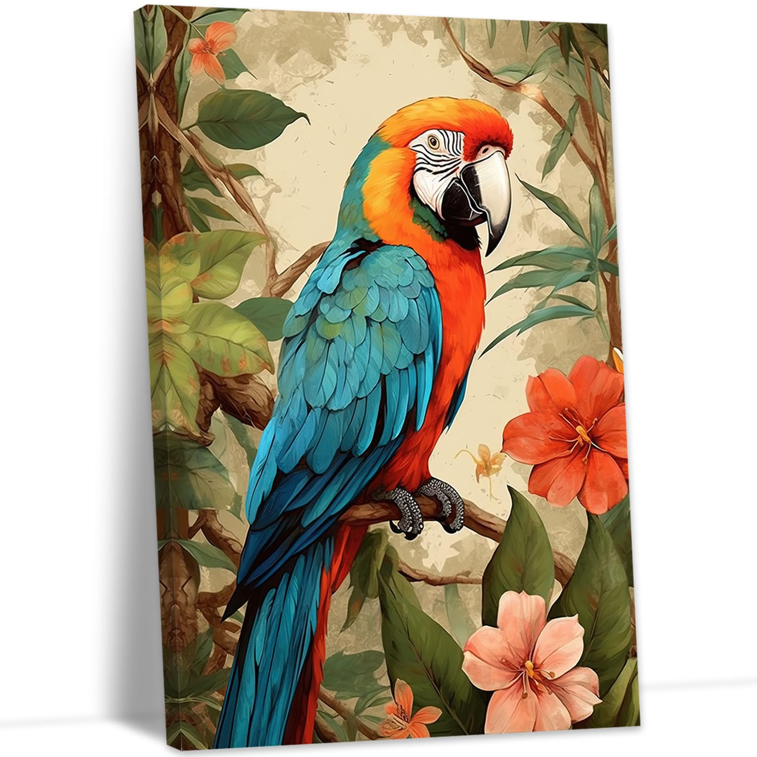 YMXZHUANSH Bird Canvas Wall Art Tropical Parrot Picture Macaw on Tree Painting Colorful Animal Poster Print for Bathroom Wall Decor Frame(Blue 16L x