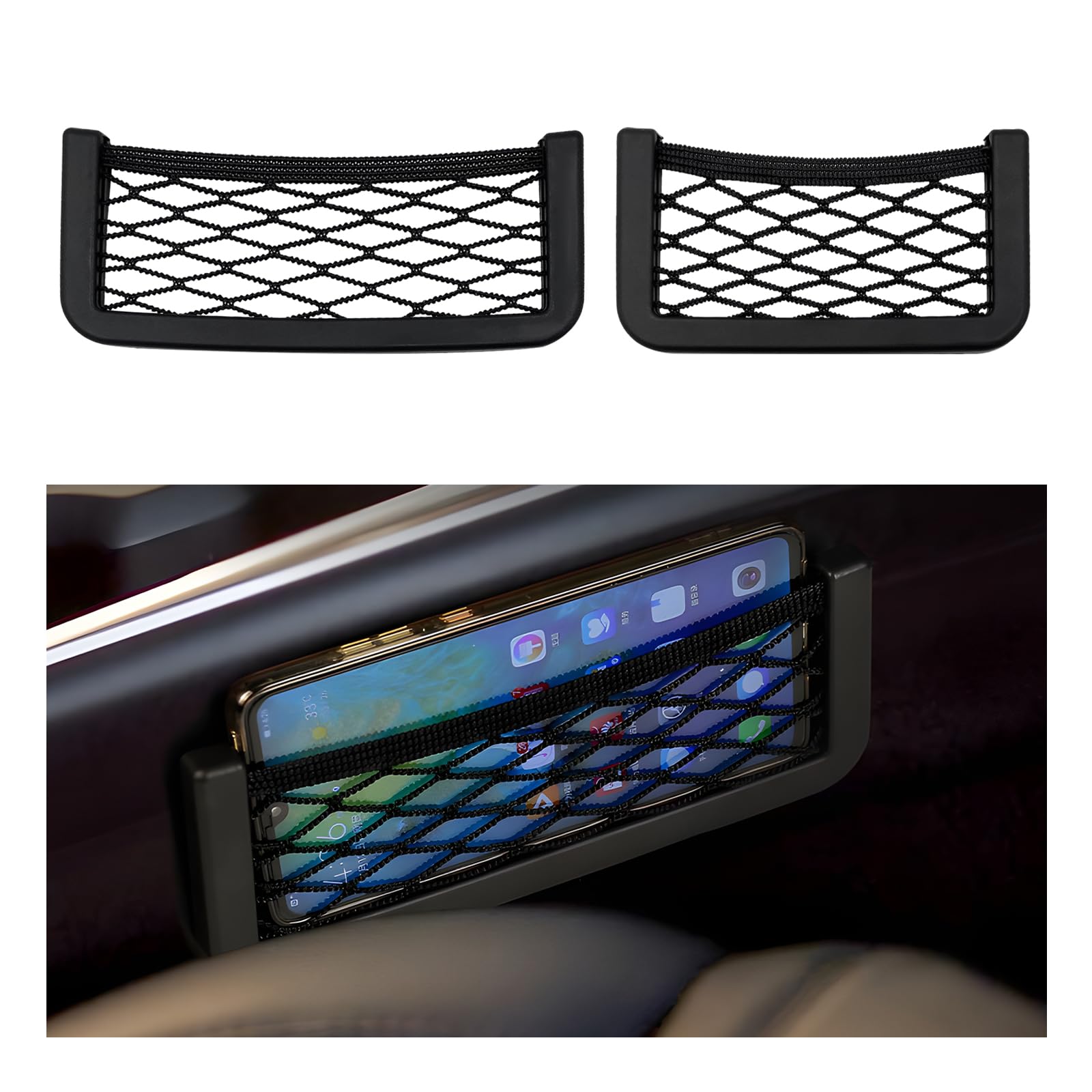 2 PCS Car Pocket Phone Nets, Purse Phone Holder Mesh Storage Bag with Double Sided Tape, Stick on Organizer Seat Side Back Automotive Storage Net Bag, Car Accessories