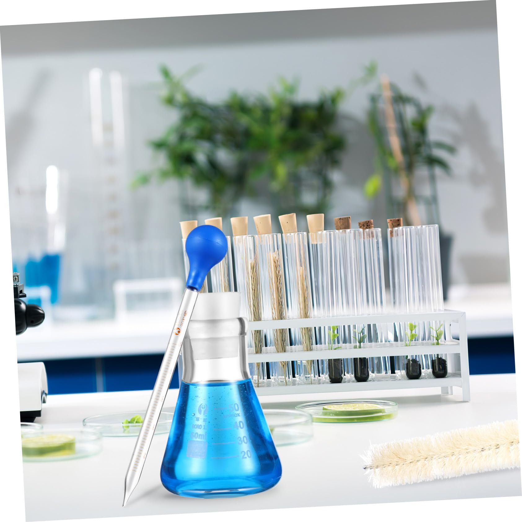 Juego de Matraz Erlenmeyer de Vidrio 50ml con Goteros | Escala Estándar y Medición Precisa, Base Redonda, 1 Set con Cepillo de Limpieza