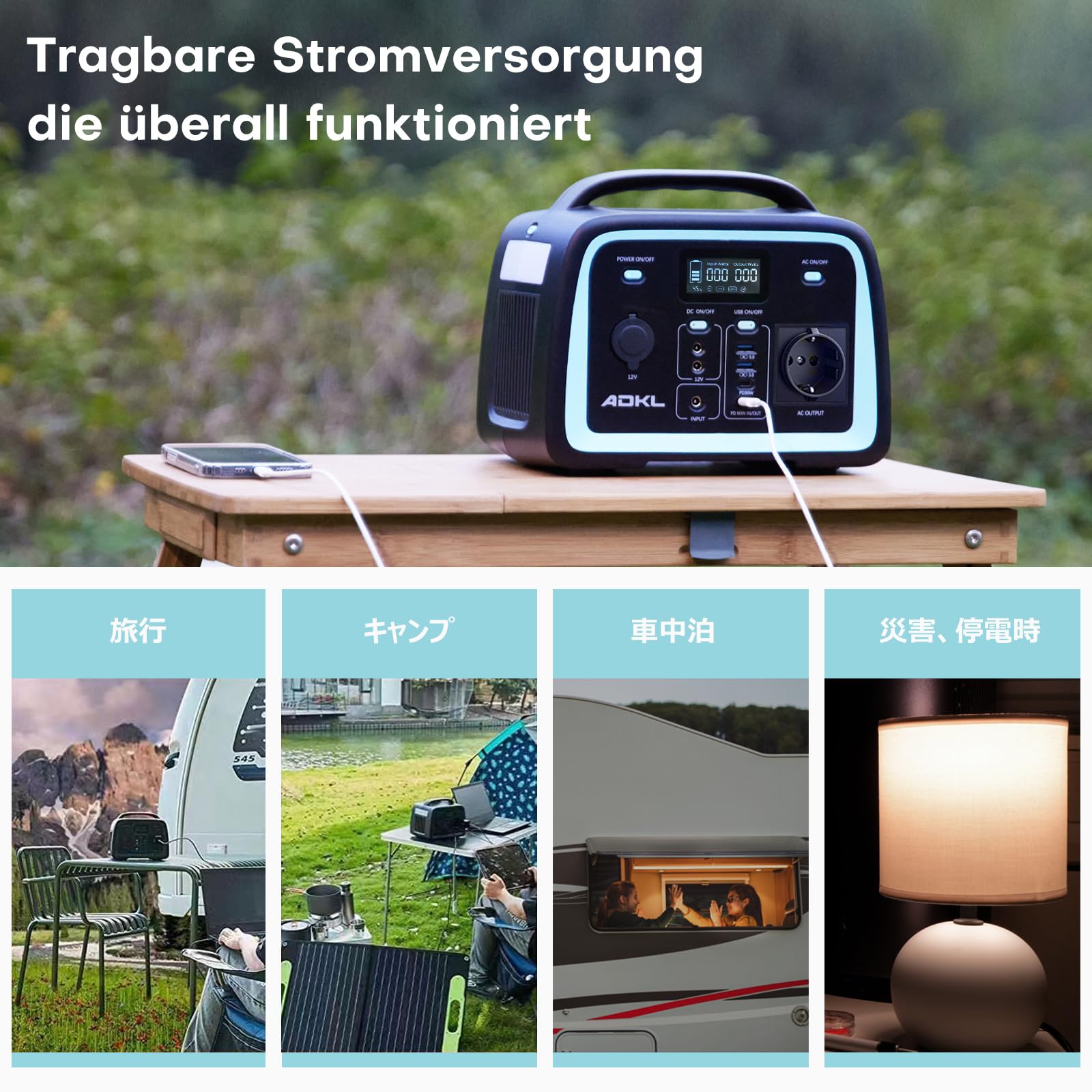 Tragbare DC Powerbank Powerstation, 320Wh Akku für mehrere Geräte, LiFePO4 Akku, 300W Solargenerator mit 300W AC/PD 60W USB-C Ausgang, Für Camping, Draußen, Reisen, Notfälle.