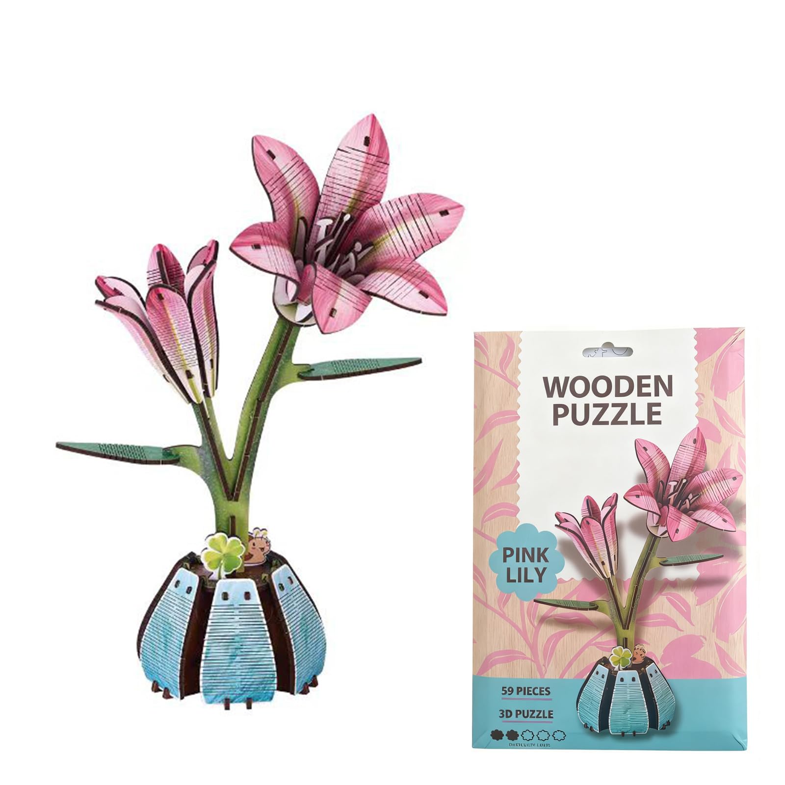 3D Wooden Flower Puzzle, DIY Craft Building Blocks for Adults Valentine's (Pink Lily), 12 x 10 cm