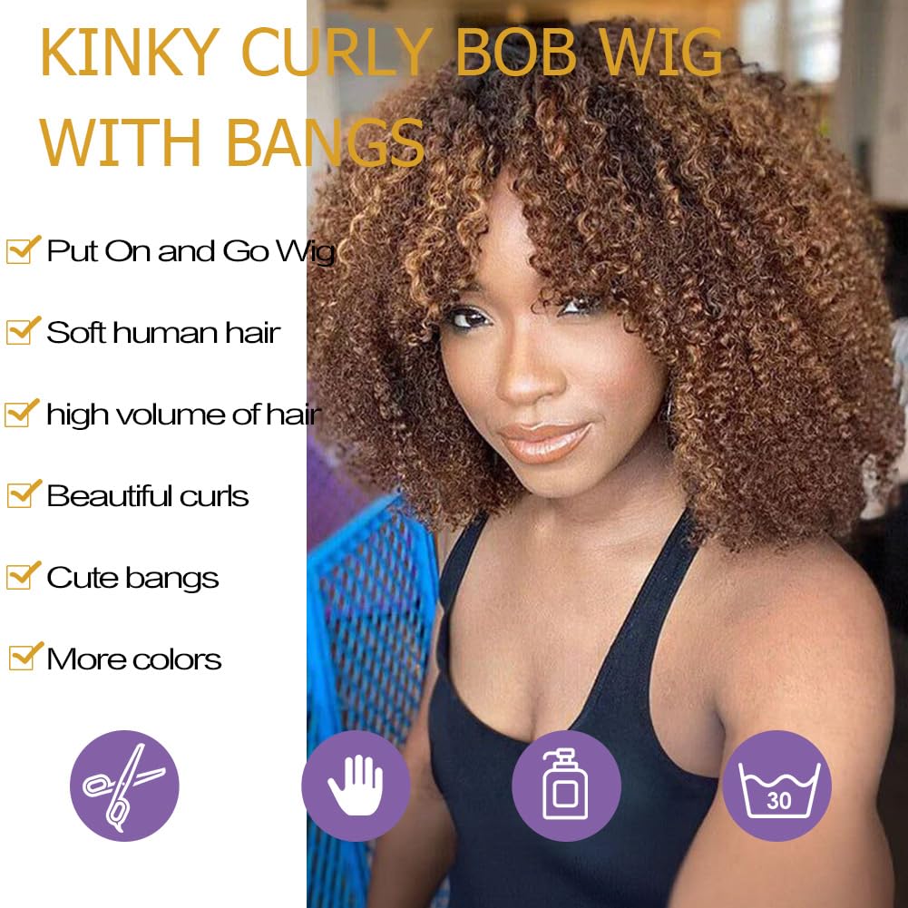 JOEDIR HAIR 250% Density Short Kinky Curly Wig with Bangs Human Hair for Black Women 12 inch Highlight Brown Short Curly Bangs Wig Curly Bob Glueless Wig - Image 2