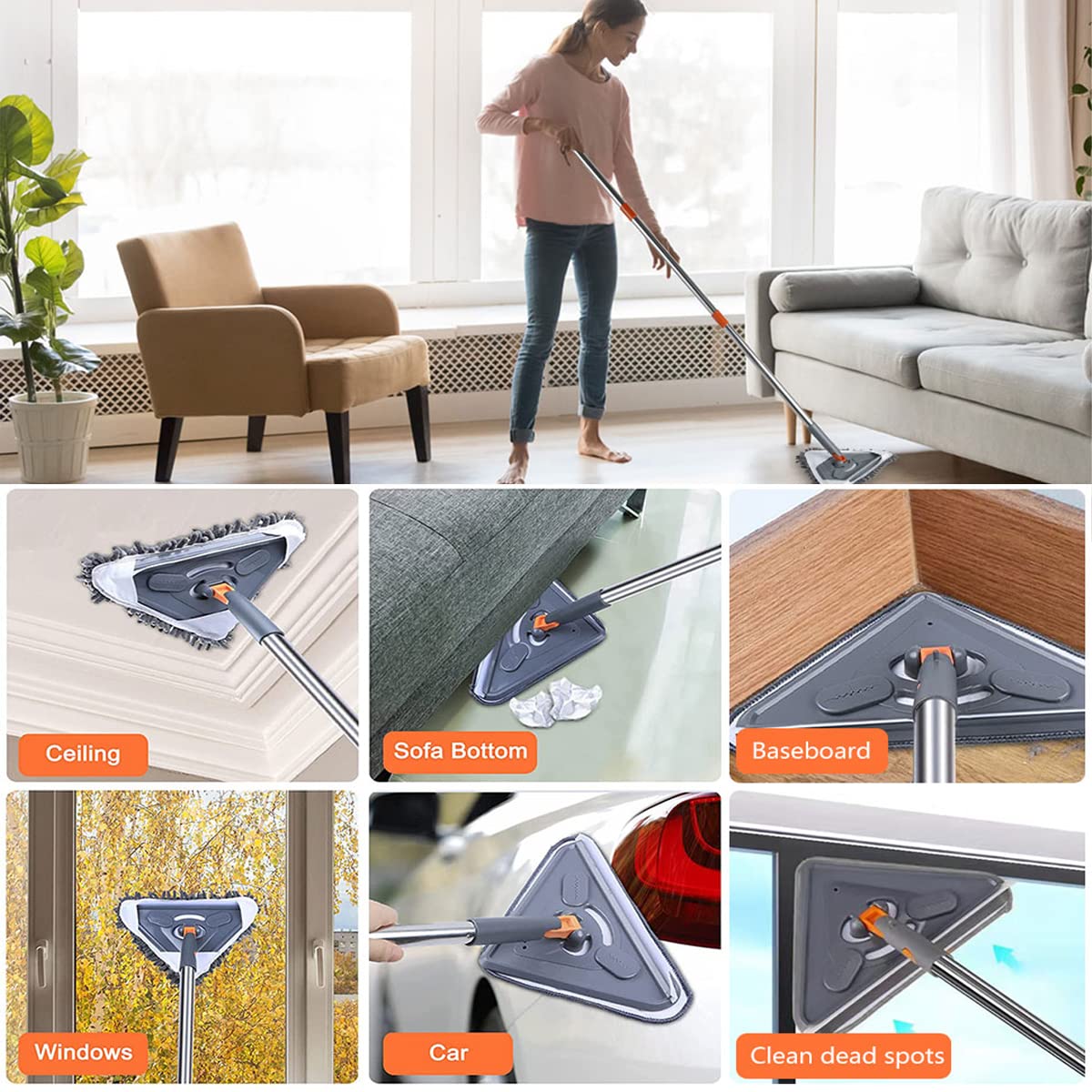 Hvxrjkn Wall Mop Kit With 82 Inch Long Handle, 360° Rotatable Triangle Mop For Walls Ceiling Windows Skirting - View #7