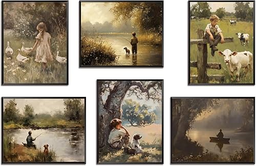 Juego de 6 cuadros de arte de pared vintage de campo, sin marco, impresiones rústicas de paisaje natural, cuadros retro de niños y animales para