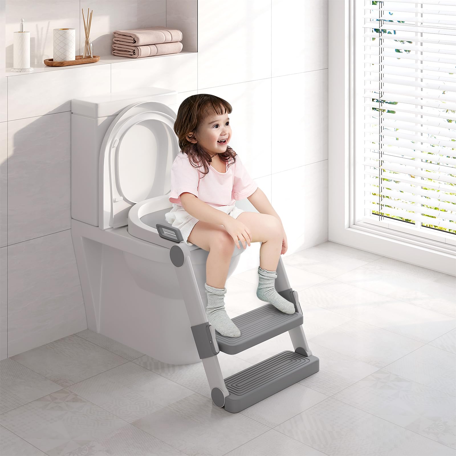 WOLTU Réducteur de Toilette pour Enfant avec Escabeau Pliable et Portable, Siège WC d'Apprentissage de la Propreté, Sans Montage, Marches Réglables en 2 Hauteurs, Coussinet Doux, Blanc + Gris