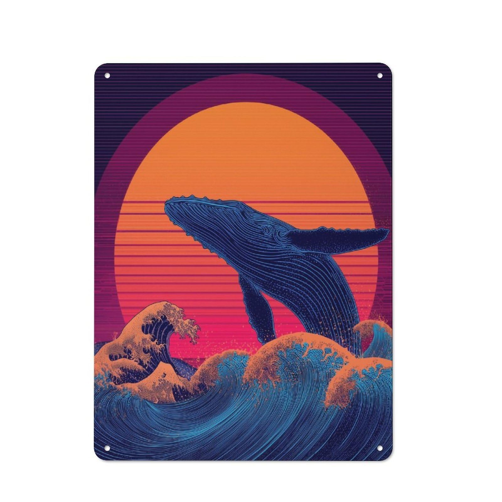 Junmoney Whale Sunset Waves Artwork -1 Classic Metal Plaque 40X30cm Featuring Bistro Wall Plaque For Kitchen, Cafe, Pantry Or Dining Room