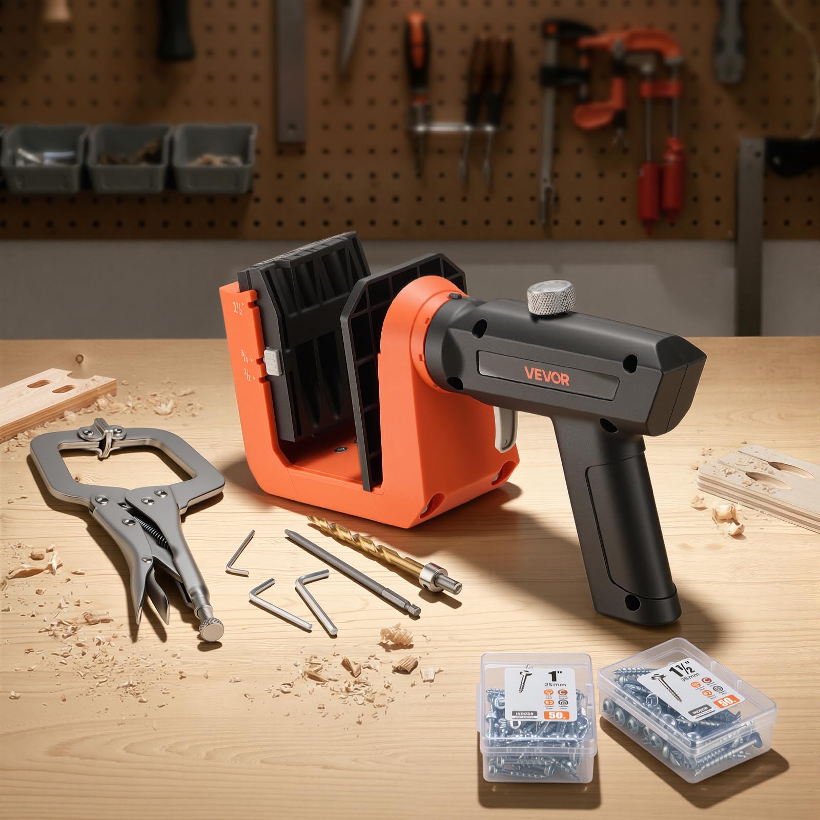 VEVOR Kit di Sistema Maschera Dima per Fori Ciechi Utensile Tascabile per Lavorazione Legno Regolabile 12,7/19/38,1 mm Impugnatura Girevole a 360°, Kit Dima per Fori Inclinati per Punta di Trapano
