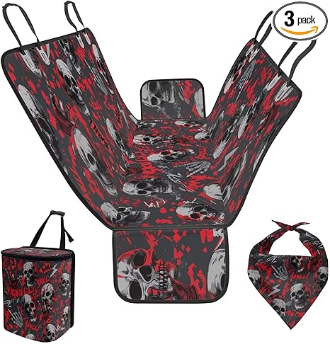 KEIAHUAN Cool Skull Dog Car Seat Cover for Back Seat Anti-Scratch Back Seat Extender for Dogs with Hanging Car Trash Bib & Triangle Puppy Bandana Pack of 3