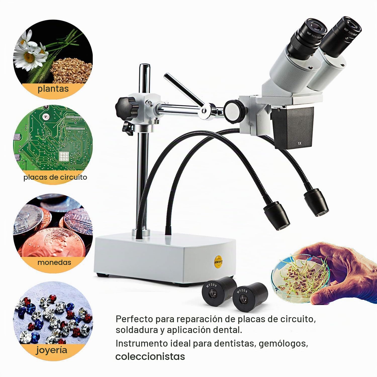SWIFT Microscopio estéreo binocular SS41,grado profesional, ampliación de 10X, 20X, oculares de campo amplio de 10X y 20X, 2 luces LED flexibles y cámaras-compatibilidad