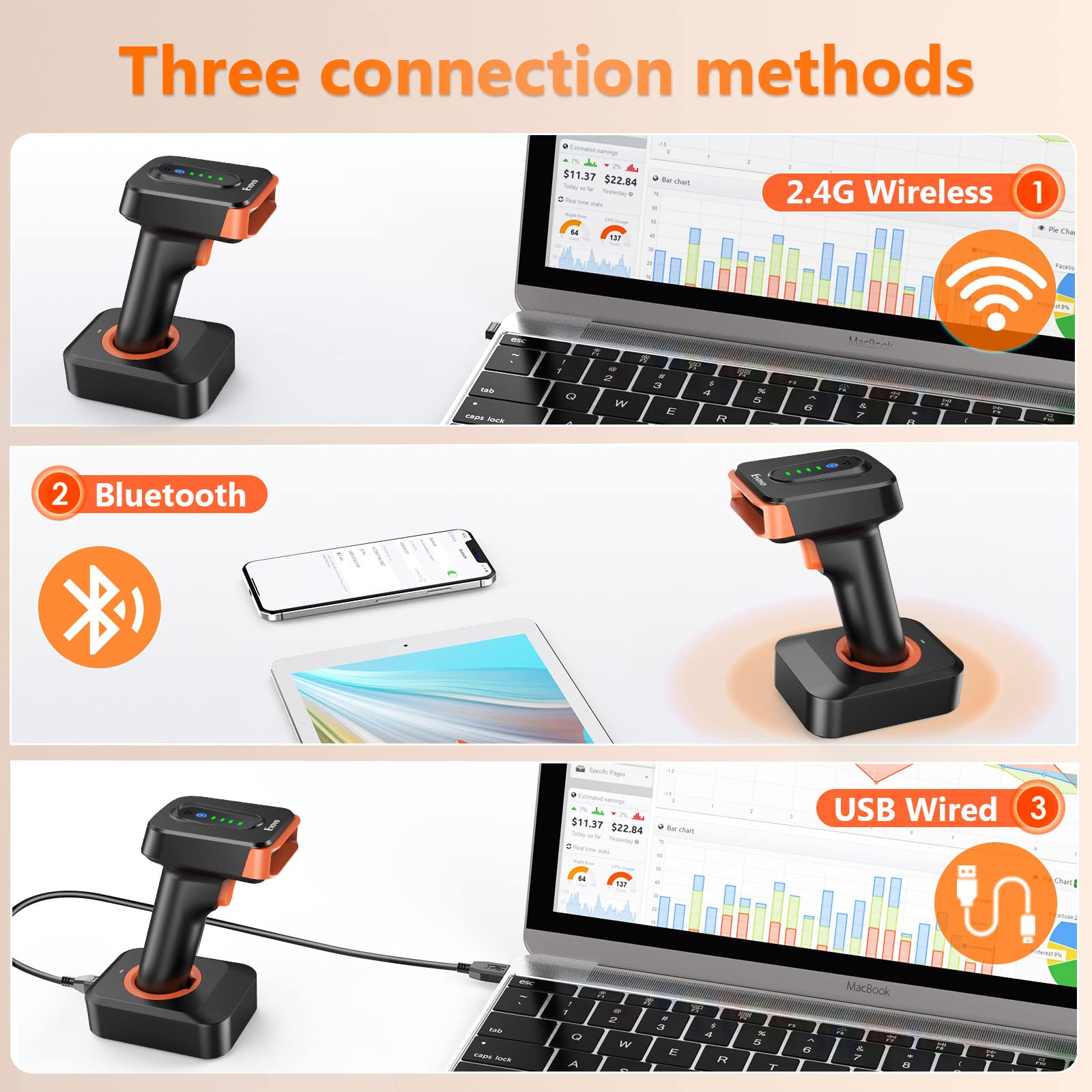 Eyoyo 2D Barcode Scanner 3 Modality Wireless - Dettaglio
