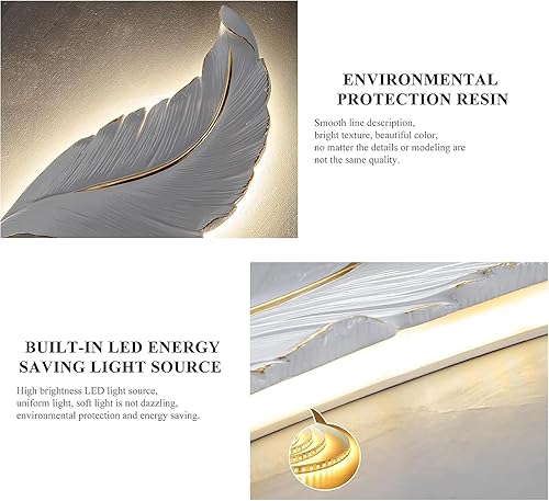 Miniatura 6 de DJAMEL  Aplique de pared creativo, luz de pared decorativa de plumas de resina blanca, lámpara LED para interiores, sala de estar, dormitorio,