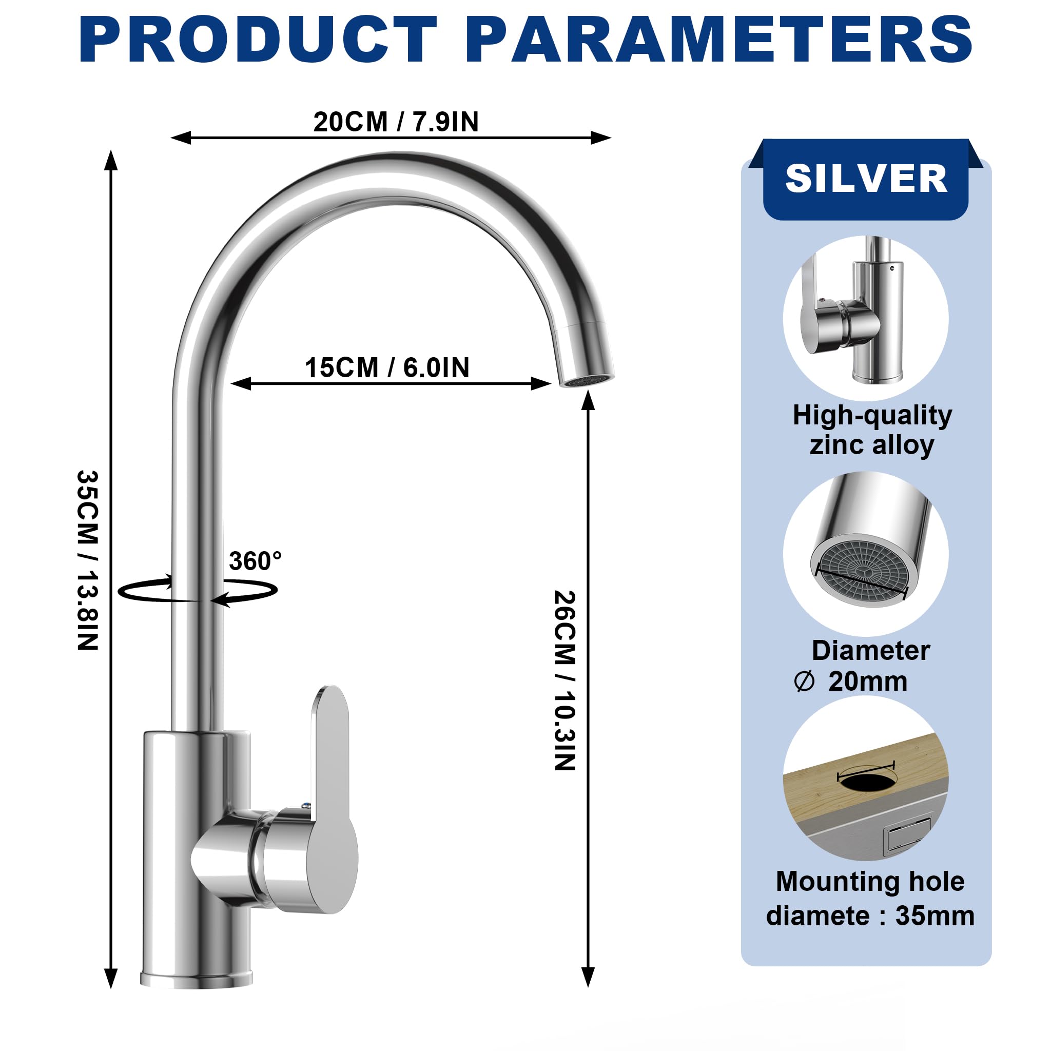 LZQ Wasserhahn Küche 360° drehbar, Armatur Küche aus Zinklegierung und Edelstahl, Hochdruck Mischbatterie für Spüle, Waschtischarmatur Bad, Küchenarmatur Wasserhahn Kompatibel