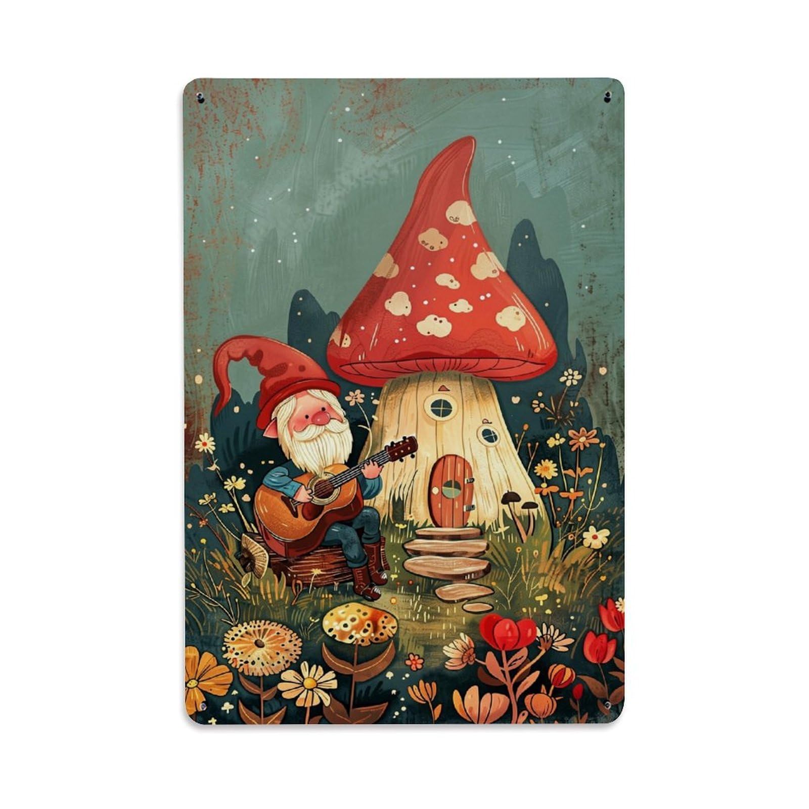 Whimsical Gnome Mushroom House Garden Tin Sign Metal Poster Vintage Metal Signs for Home Man Cave Bar Cafe Kitchen laundry room Wall Decorations Gift 8x12Inch