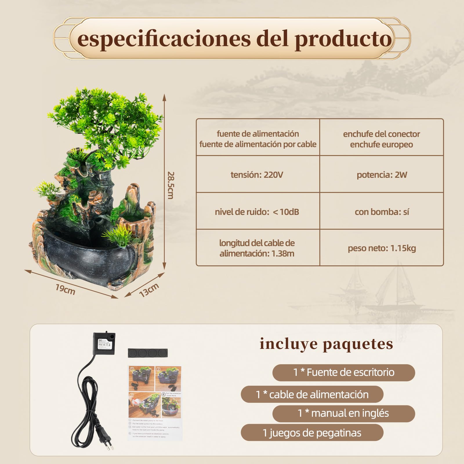Fuente de habitación, cascada con plantas, cascada, fuente de interior, pequeña fuente de habitación con plantas, para salón, dormitorio, oficina, cafetería