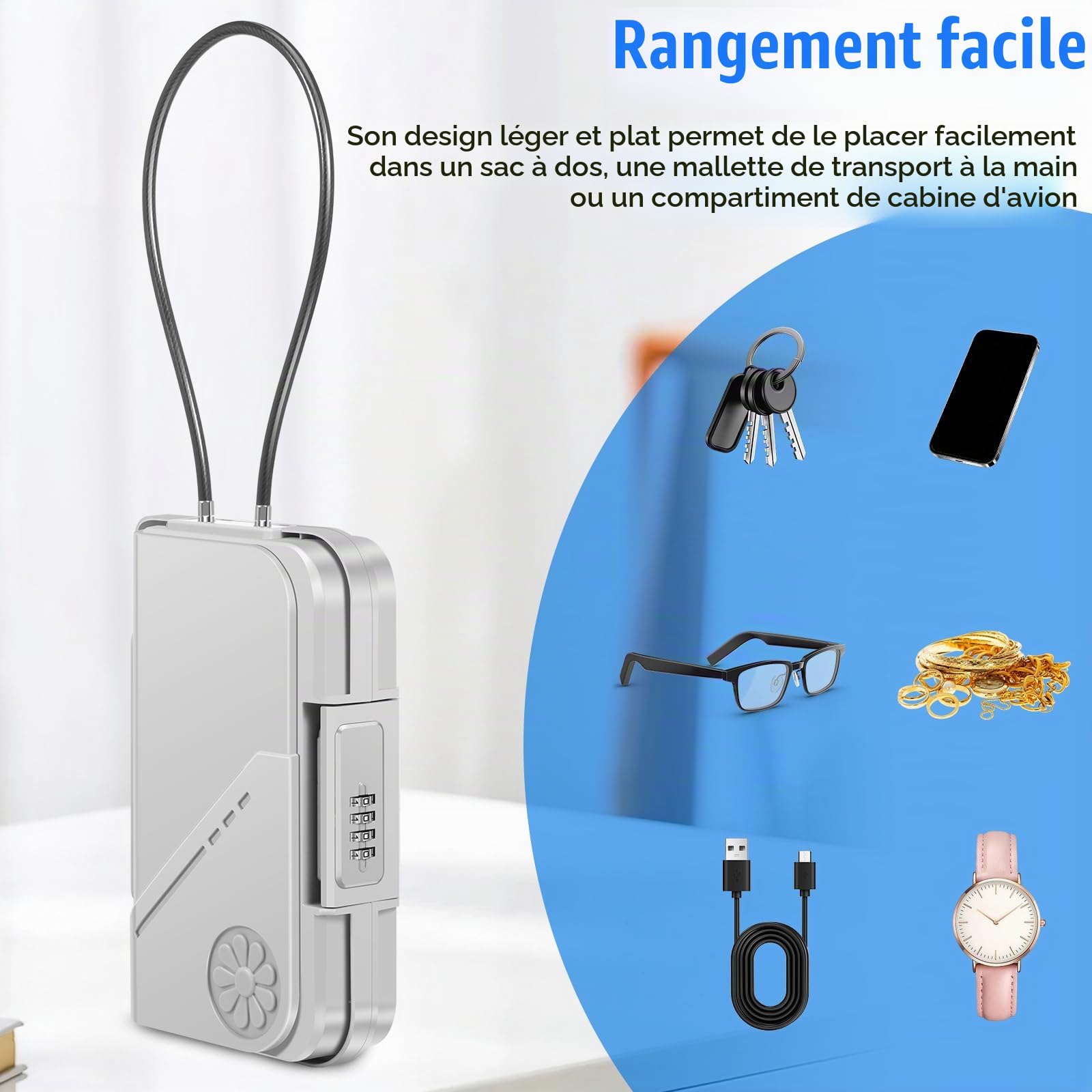 Mini coffre-fort portable étanche avec serrure à combinaison à 4 chiffres, boîtes de plage résistantes aux coupures et aux chocs avec câble métallique amovible de 7 mm d'épaisseur, boîte de sécurité