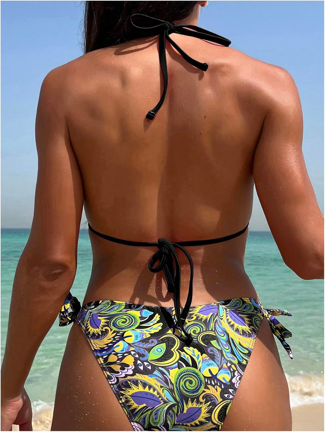COZYEASE Women's Bikini Sets 2 Piece Halter Triangle Allover Print Swimsuit Set Boho Knot Side Bathing Suit Set