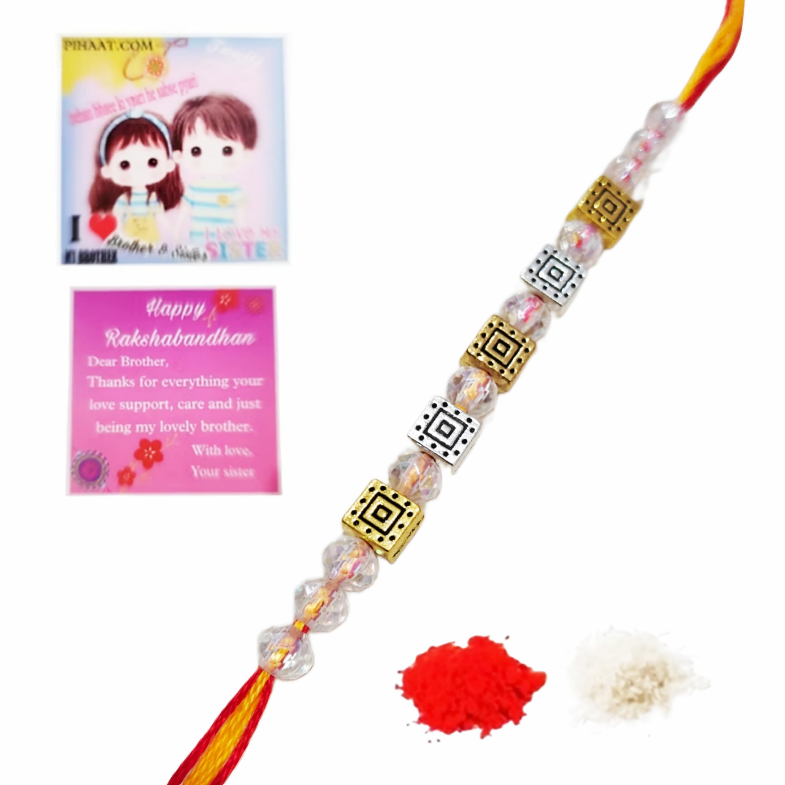 Dual Color Charm Metal Beads Wristband Bracelet Rakhi Roli Chawal Fridge Magnet Greeting Card Rakshabandhan Rakshasutra Brother Bhai Bhaee Bhaiya Combo Set-image-12