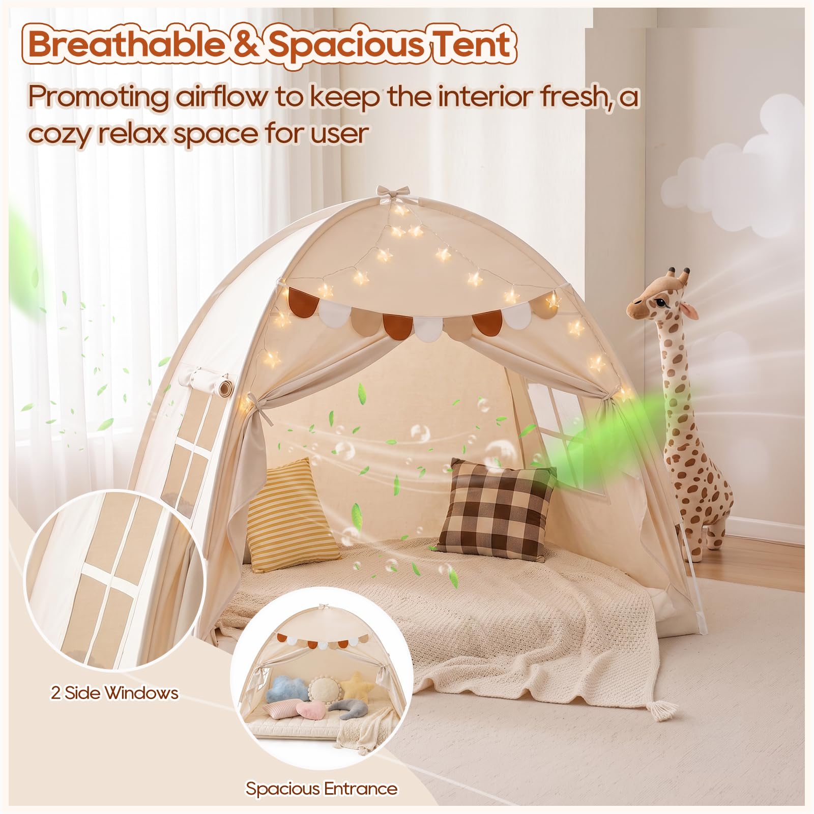 Tenda da Letto per Interni, Casetta da Gioco Pieghevole da Pavimento con Bandierine Decorative e Finestre Traspiranti, Baldacchino per la Privacy in Camera da Letto (Crema, 196 x 98 x 125 cm)