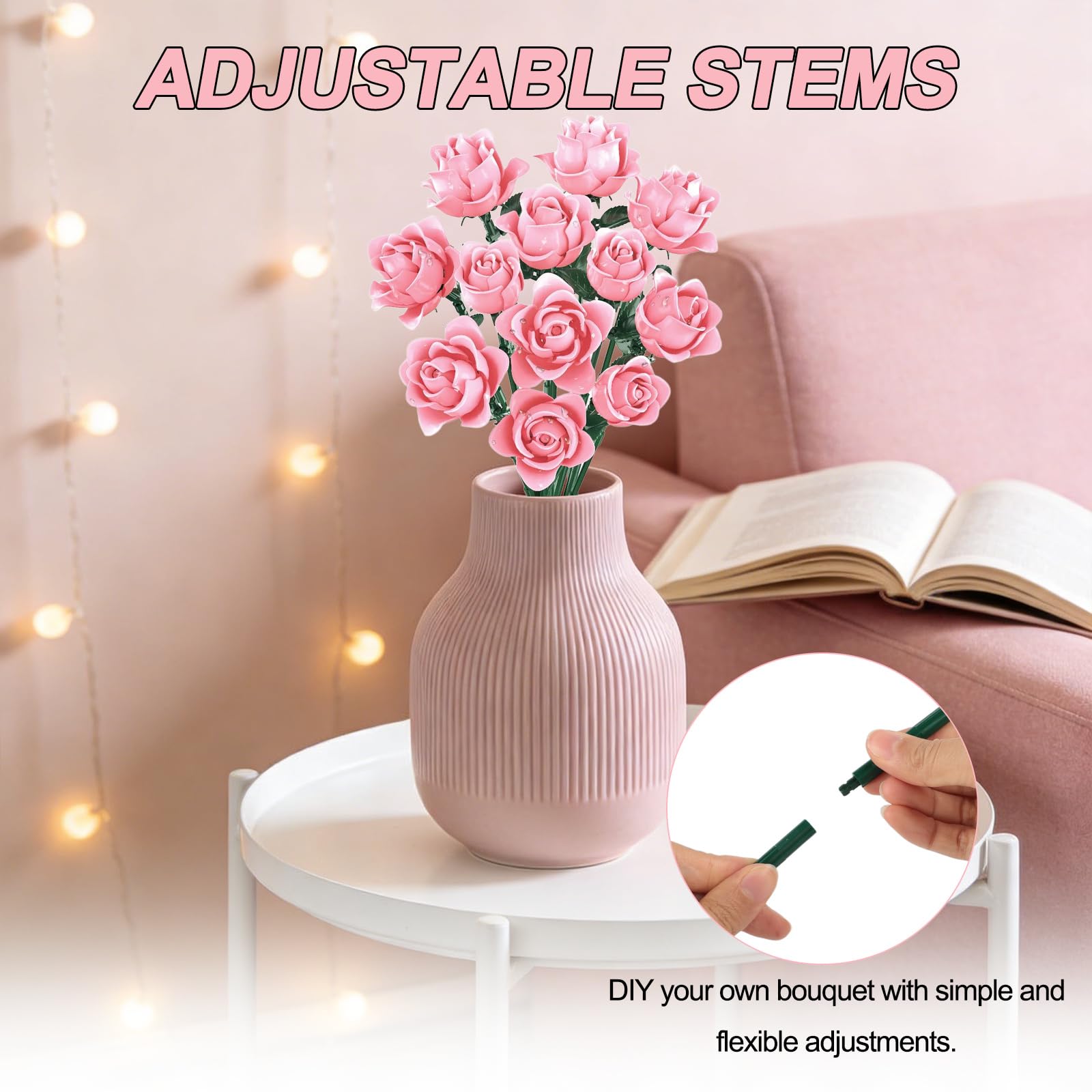 Flowers Pink Rose Bouquet Building Kit, Artificial Flowers Brick Set - Image 3