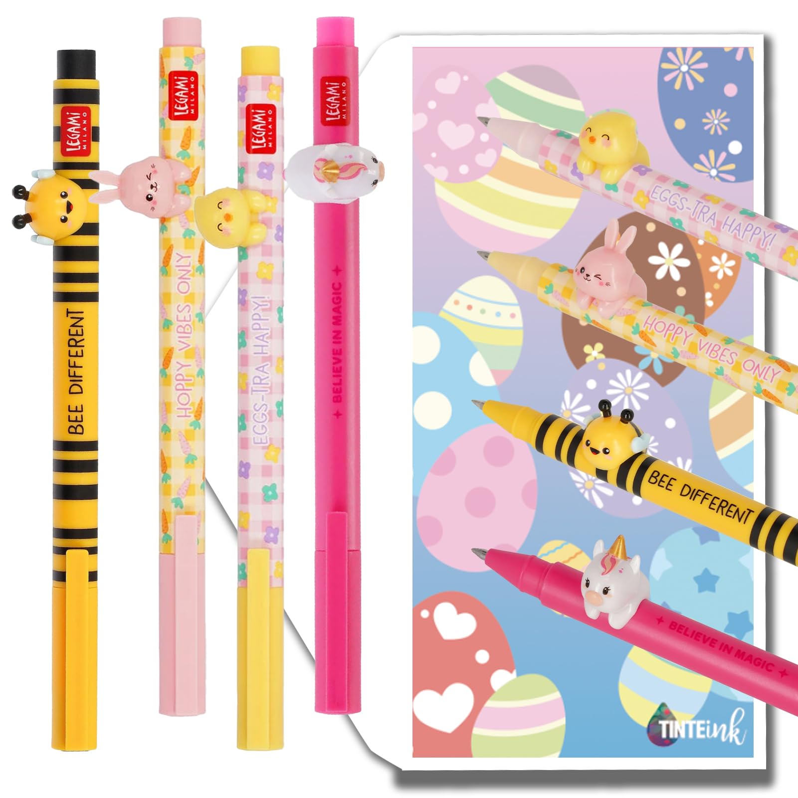 Tinte Ink Legami Lovely Friends Pens Choose Set Including Gift Envelope! - Choose Cute Design! (Bunny, Chick, Unicorn & Bee)