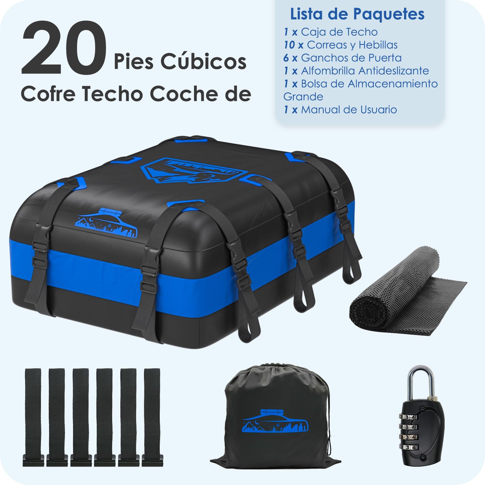 Cofre de Techo 20Cubos/566L, Cofre de Techo para Coche 700D Impermeable, Cofre de Techo con Almohadillas Antideslizantes y 10 Correas de Sujeción, Pto para Coches con/sin Portaequipajes