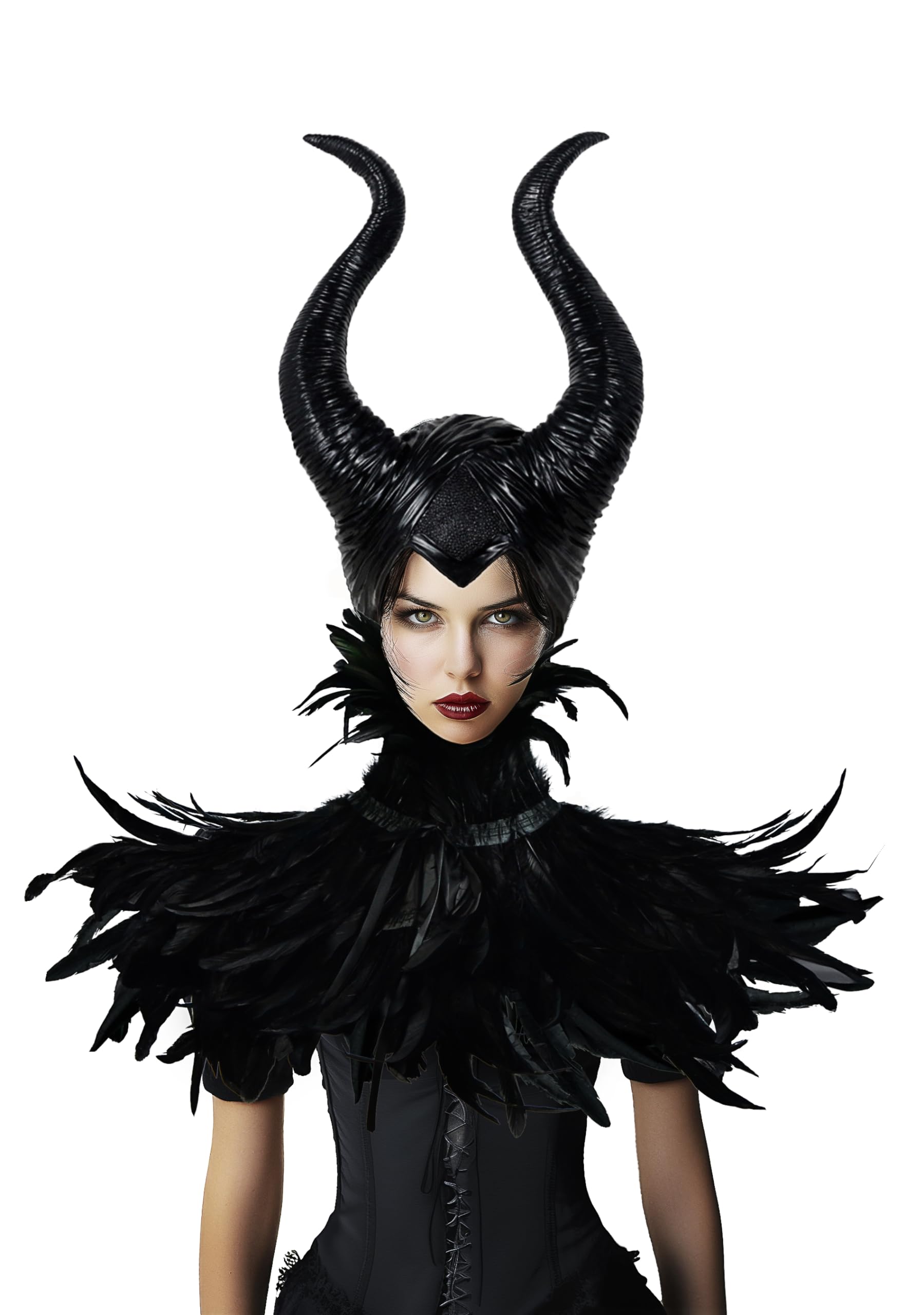 Feather Cape Shawl with Maleficent Horns Headband Set Halloween Costumes Couples Adults