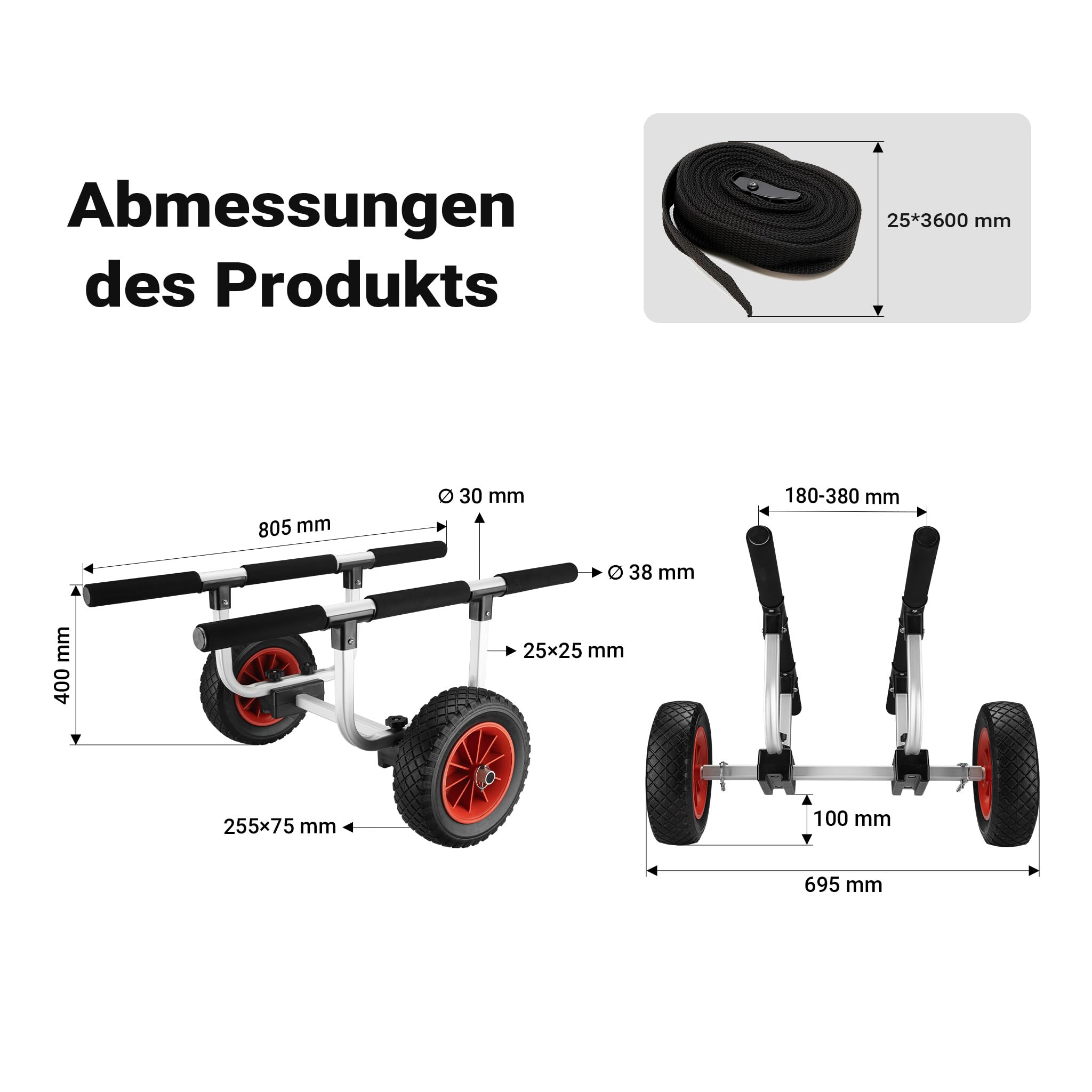 Wiltec Verstellbarer Alu Kanuwagen, Transportwagen für Boote, Kanus und Kajaks, Surfwagen mit Polstern, Gurtbändern