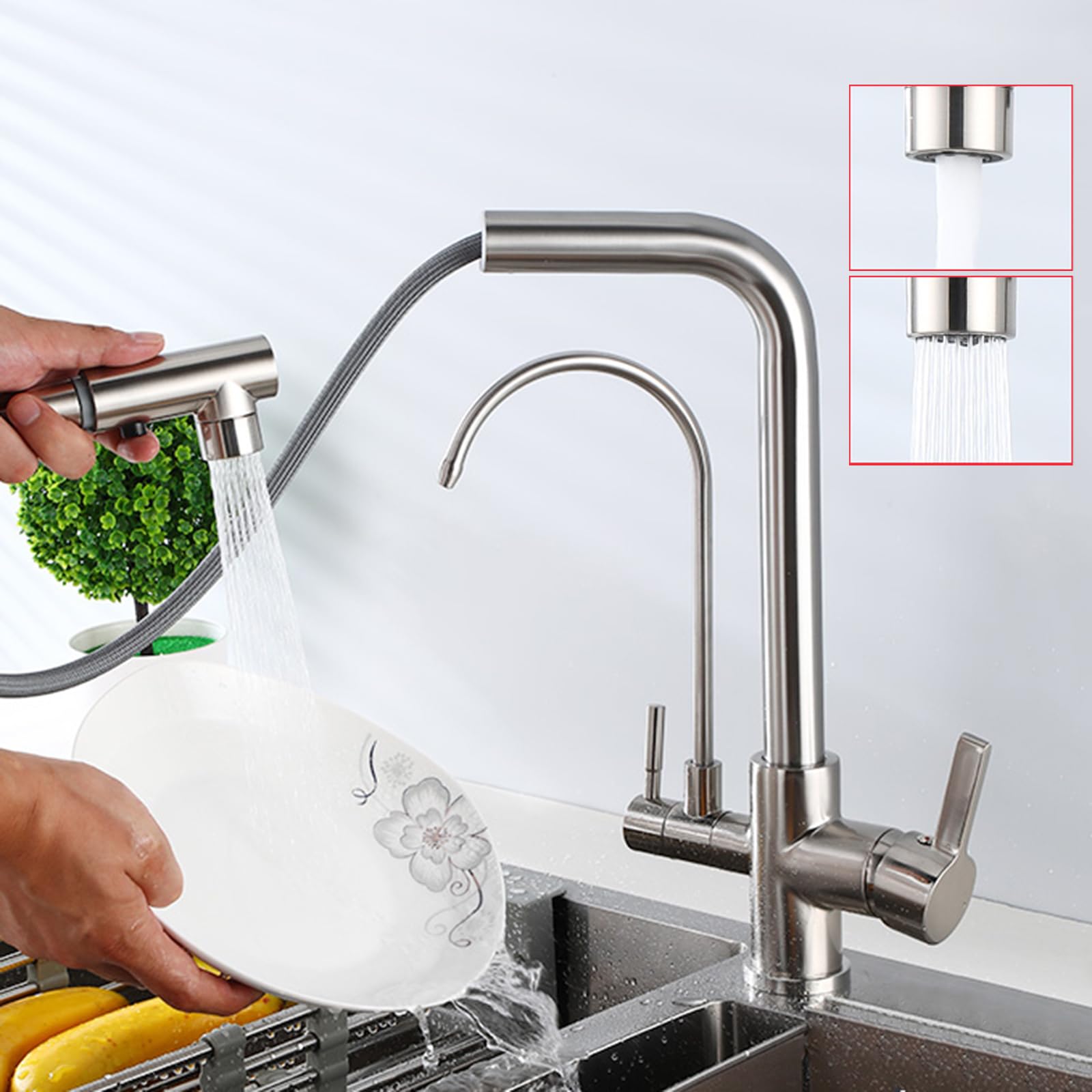 Robinet filtrant à eau à 3 voies en acier inoxydable brossé - Design double mode - Installation facile - Parfait pour l'eau potable et l'utilisation en cuisine