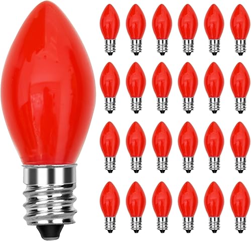 SUNSGNE Paquete de 25 bombillas LED C7 rojas de repuesto para Navidad, bombillas LED de cerámica vintage de 0.6 W para Navidad, luces de cadena de