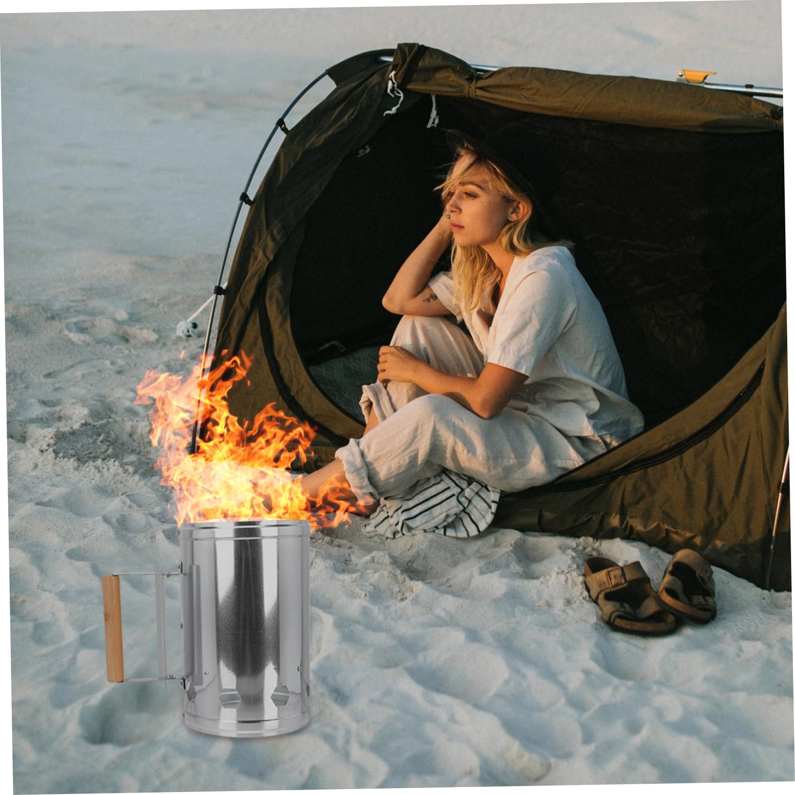 Accenditore Carbone Barbecue in Alluminio Argento Base Ampia | Avvio Rapido della Brace, Prese D’aria Integrate, Adatto per Viaggi e Uscite di Pesca