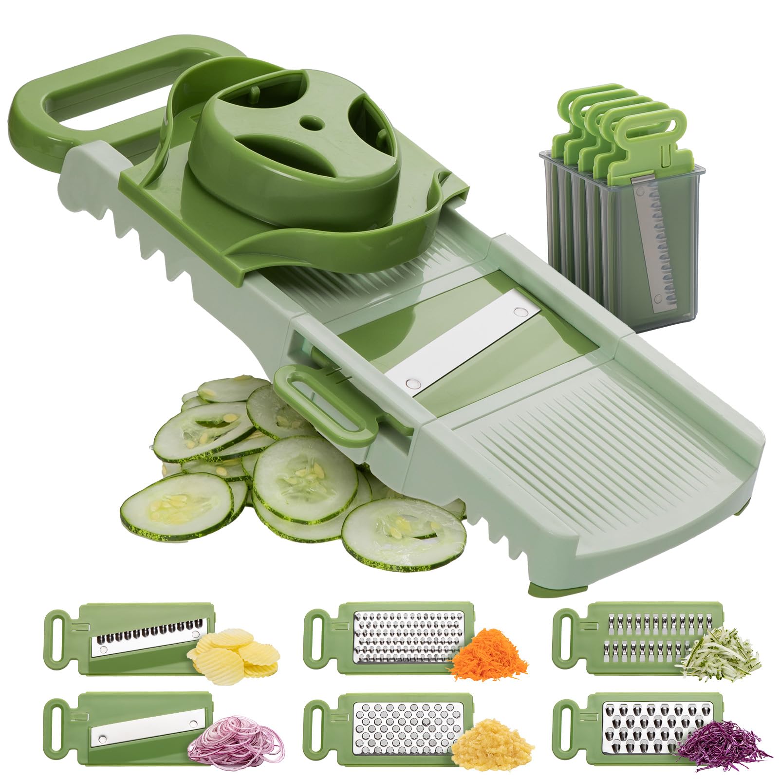 Collapsible Mandoline Slicer for Kitchen, 6 in 1 Food Slicer with Hand Holder, Interchangeable Cheese Grater with 6 Blades, Professional Vegetable Slicer for Salad