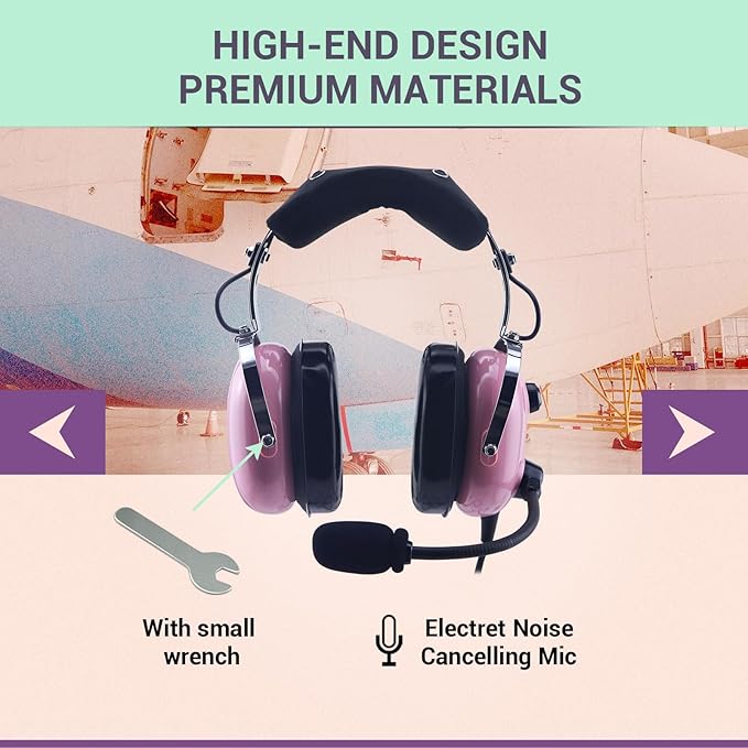 AIRVOICE Aviation Headset for Pilots with Mono Sound and Passive Noise Cancellation, PNR Aviation Headset with Noise Canceling Microphone, for Flight School Student, Instructor, Pink
