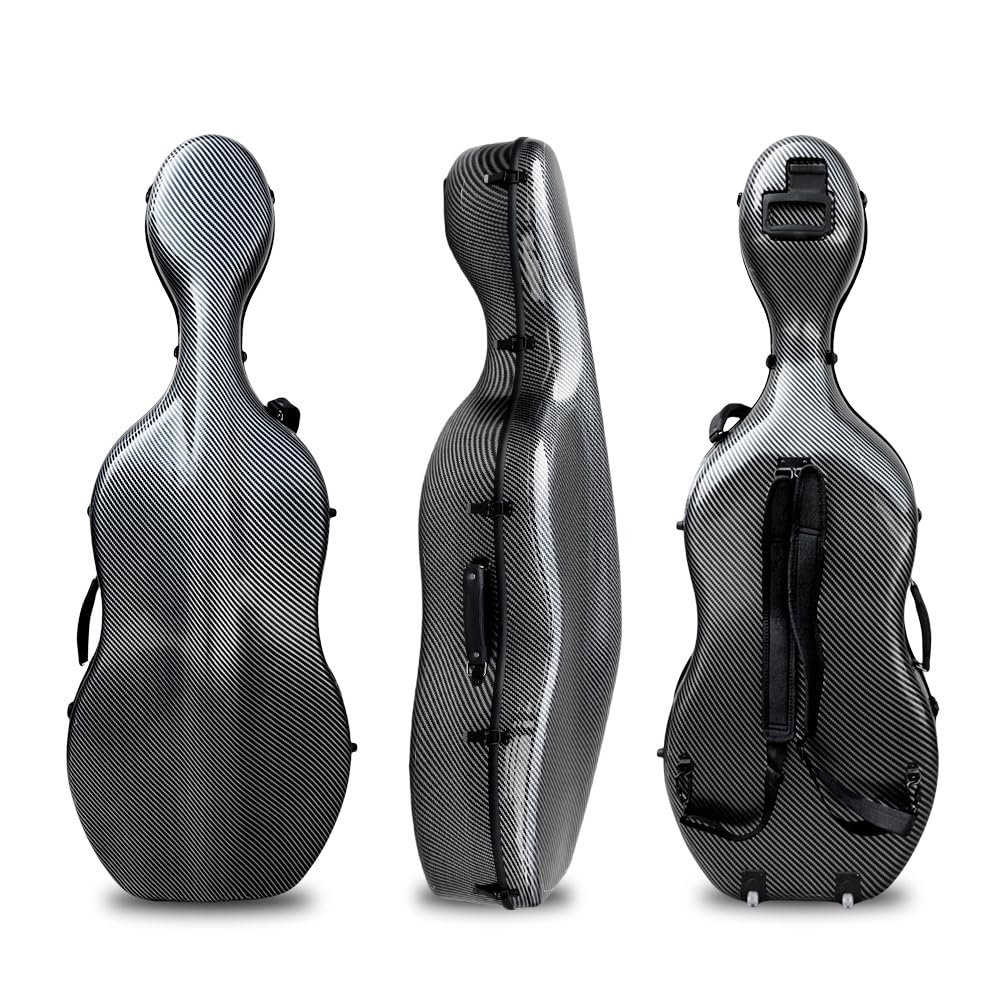 YoungMonic Carbon Fiber Cello Case 4/4 Full Size with Wheels & Embedded Handle Hard Shell Cello Box Lightweight Backstrap Portable Cello Accessories ca. 4.0 kg