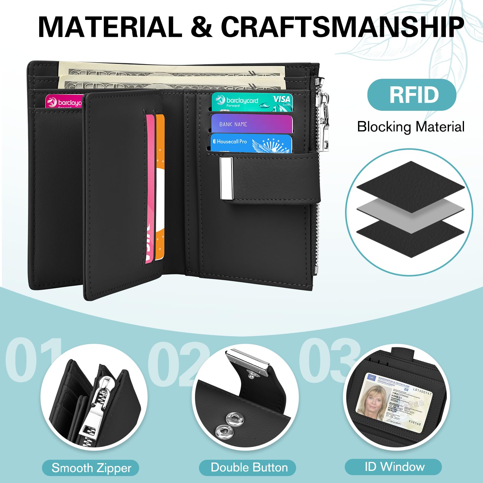 Portafoglio Donna Piccolo in Pelle Blocco RFID Portafoglio Portamonete con Cerniera e Doppio Scomparto per Contanti, 12 Scomparti per Carte (Nero)