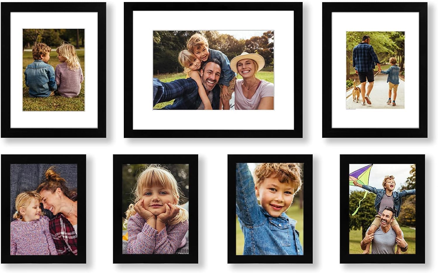 Americanflat Juego de 7 Marcos de Fotos Pared con Paspartús en MDF Negro de 30x40 cm, 23x30 cm y 15x20 cm - Marco de Madera, Cristal Irrompible - Ideal para Collage, Fotos, Accesorios, Regalo