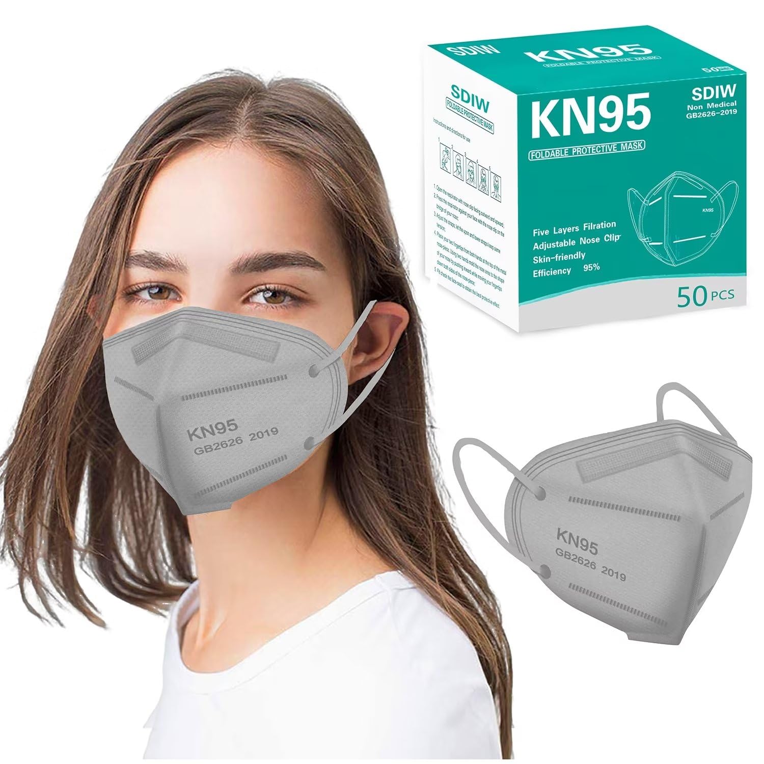50PCS KN95 Grey Face Masks,5 Layer Cup Dust Mask with Soft Ear Loops