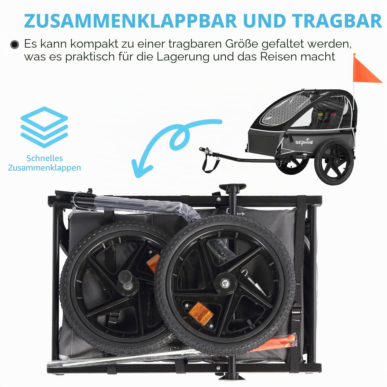Sepnine Kinder-Fahrradanhänger, geeignet für 1 bis 2 Kinder, ab 12 Monaten, Schnellbefestigung am Fahrrad, faltbar, mit 5-Punkt-Gurt und Aufbewahrungstaschen