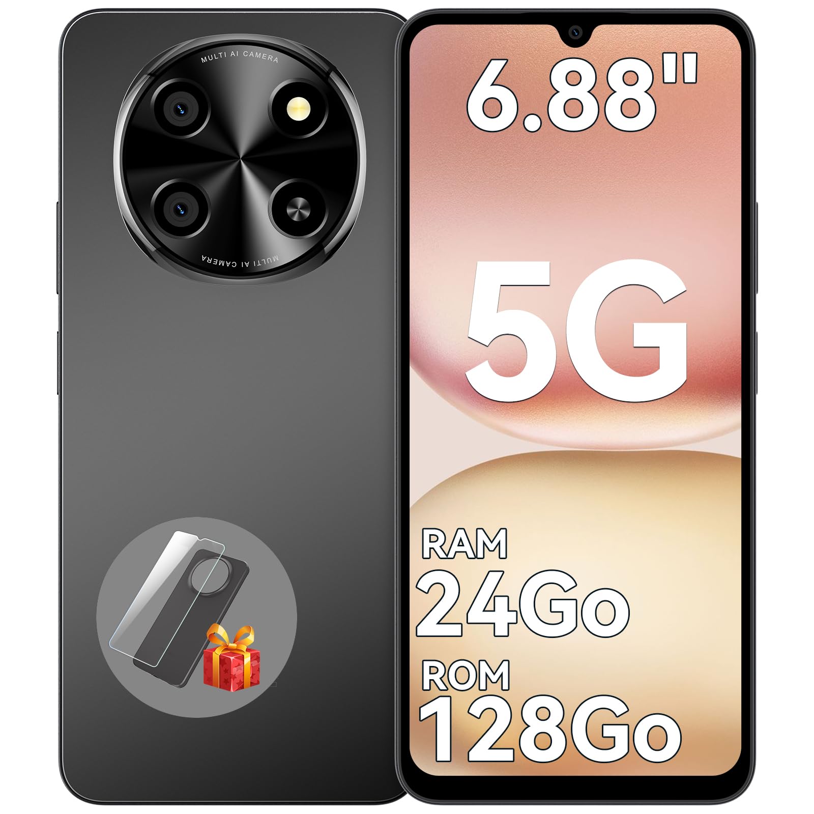 Smartphone 5G 6,88'' 120Hz, 24Go RAM 128Go/2To TF, Téléphone Portable Android 15, Double SIM NFC, Unisoc T8100 Octa-Core, Batterie 5000mAh 18W, Telephone Portable Pas Cher, OTG/Face ID/Fingerprint