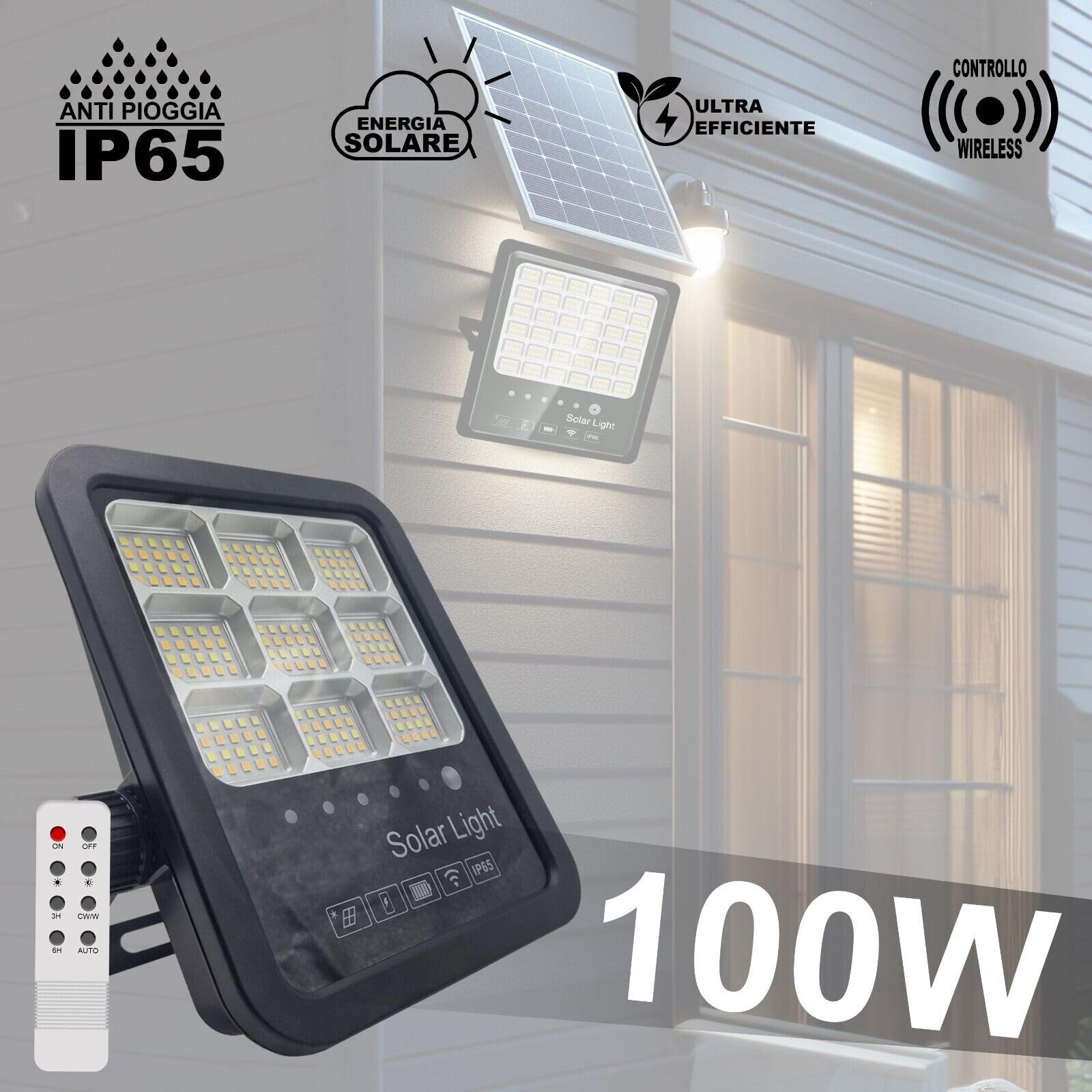 Faro Solare da Esterno 100W con Pannello Solare Monocristallino Led Esterno Impermeabile IP67 336 Macro Leds Faro Luce Fredda 6500K 10 Ore Autonomia Sensore Crepuscolare Supporti (U)