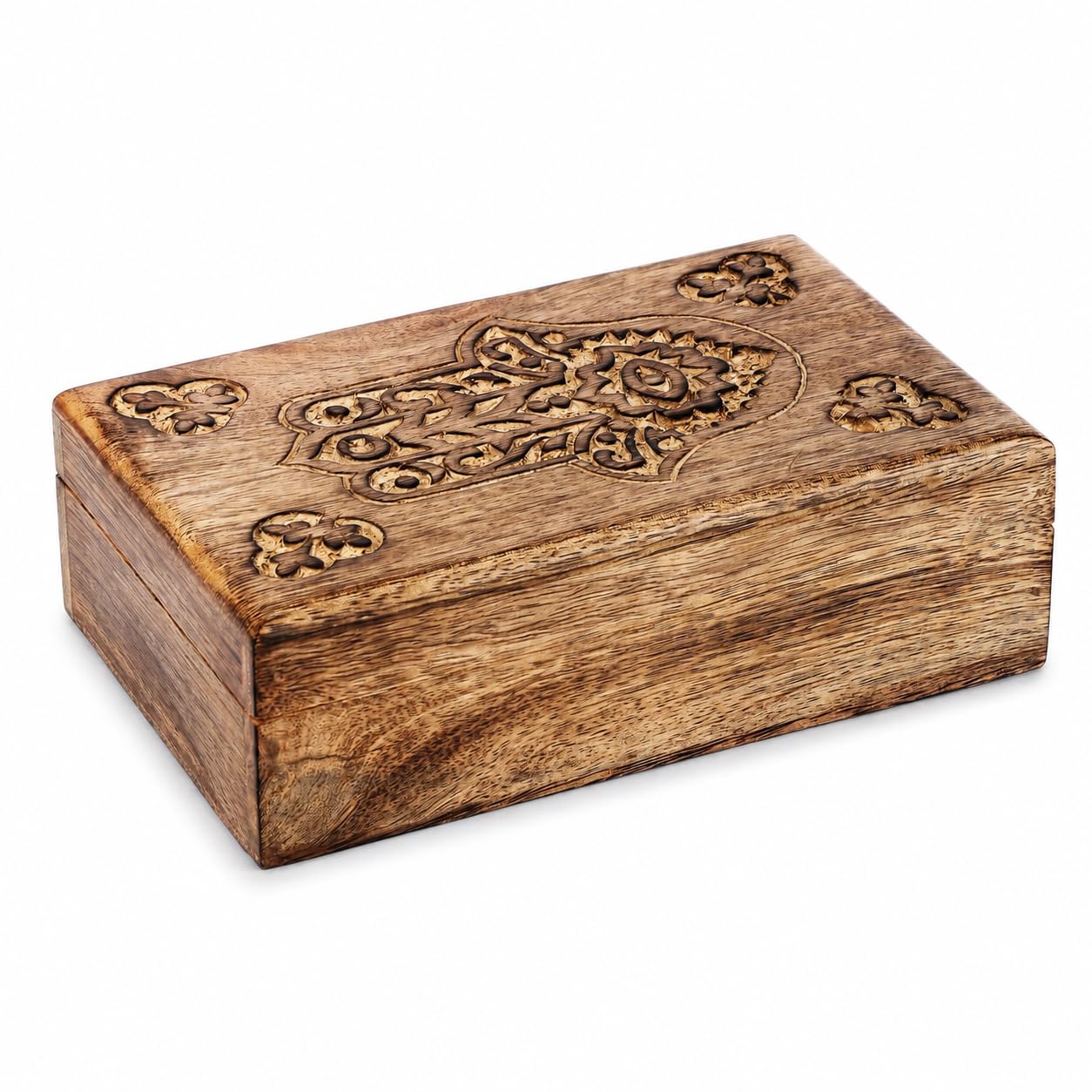 Ajuny Hand Carved Wooden Keepsake Box 8 x 5 Inch, Hamsa Hand Design Mango Wood Trinket Storage Organiser, Decorative Jewellery Holder, Treasure Chest Gift Box for Home Decor